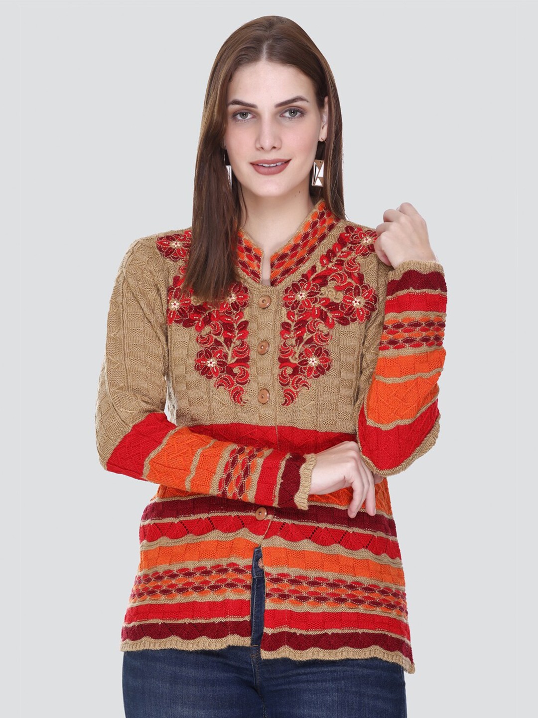 

Arshiya Women Acrylic Embroidered Cardigan, Camel brown