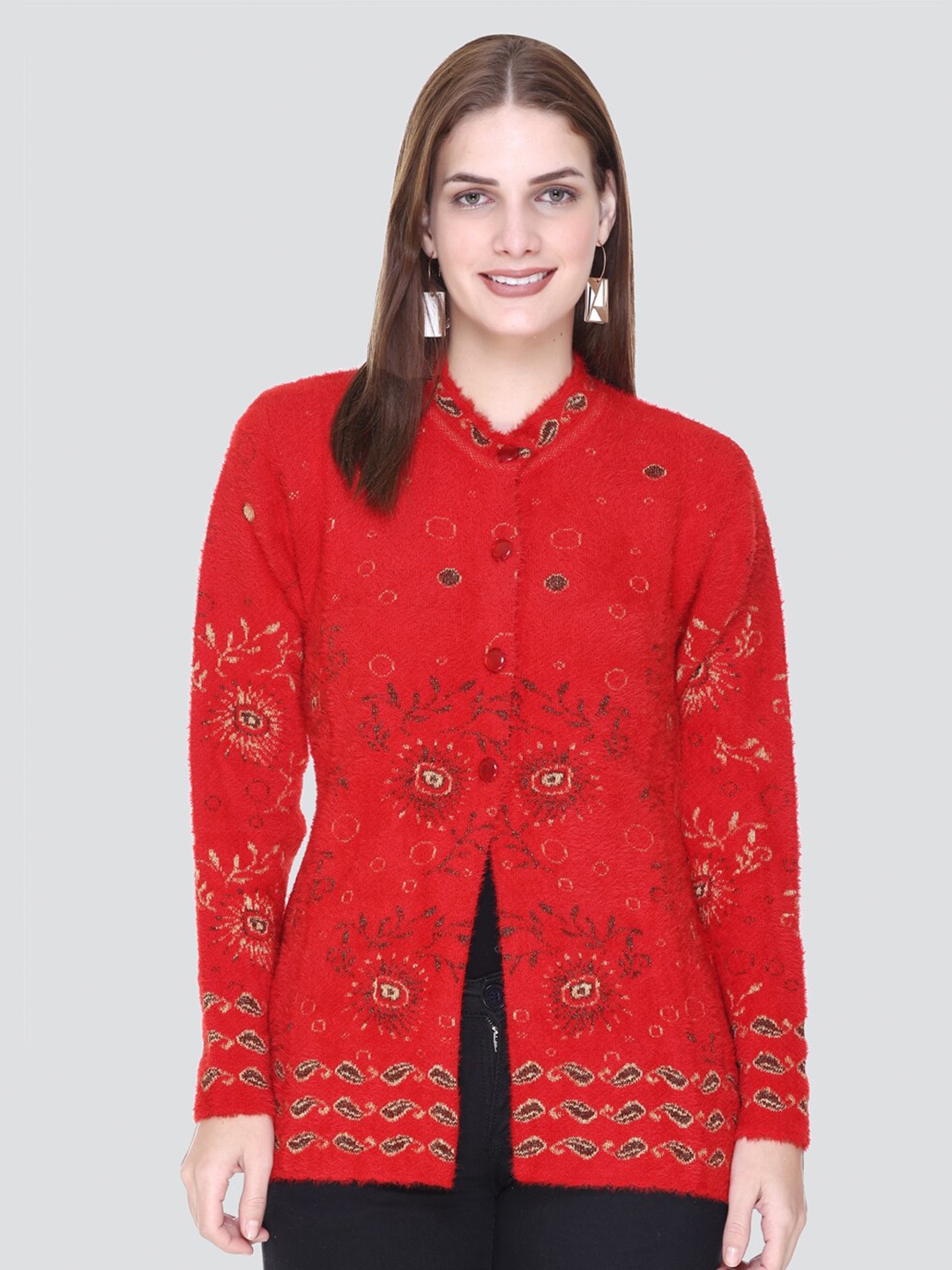 

Arshiya Women Red & Brown Acrylic Floral Printed Cardigan