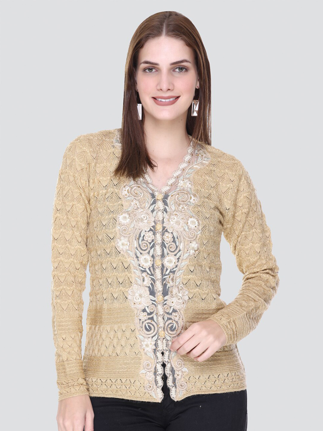 

Arshiya Women Woolen Floral Cardigan with Embellished Detail, Camel brown