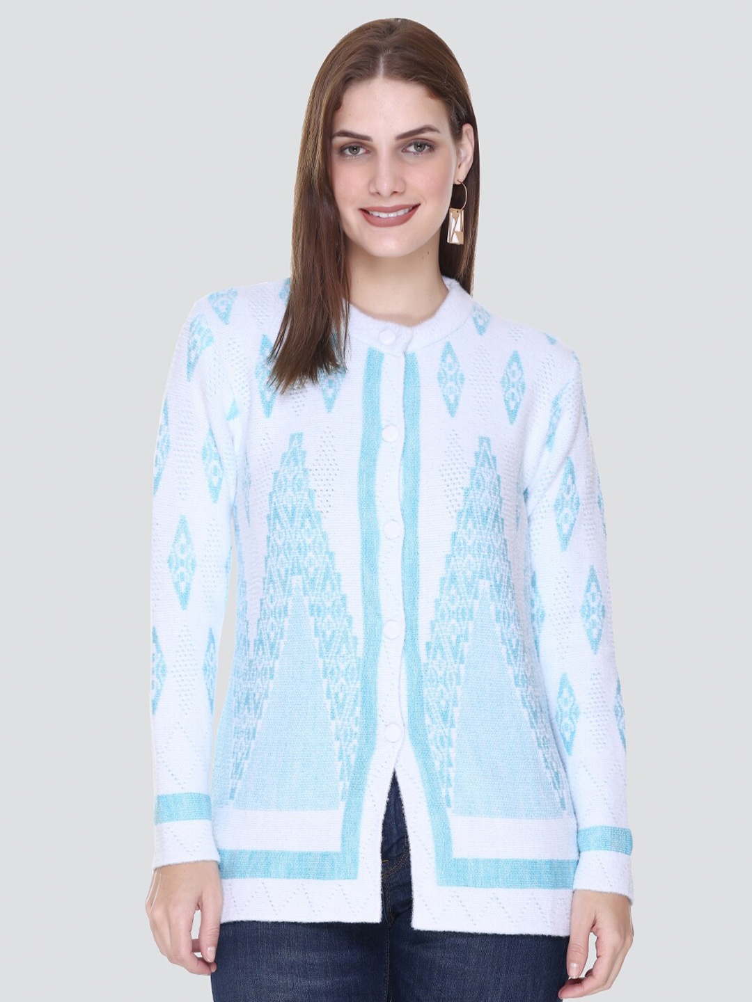 

Arshiya Women Woolen Round Neck Printed Cardigan, Off white