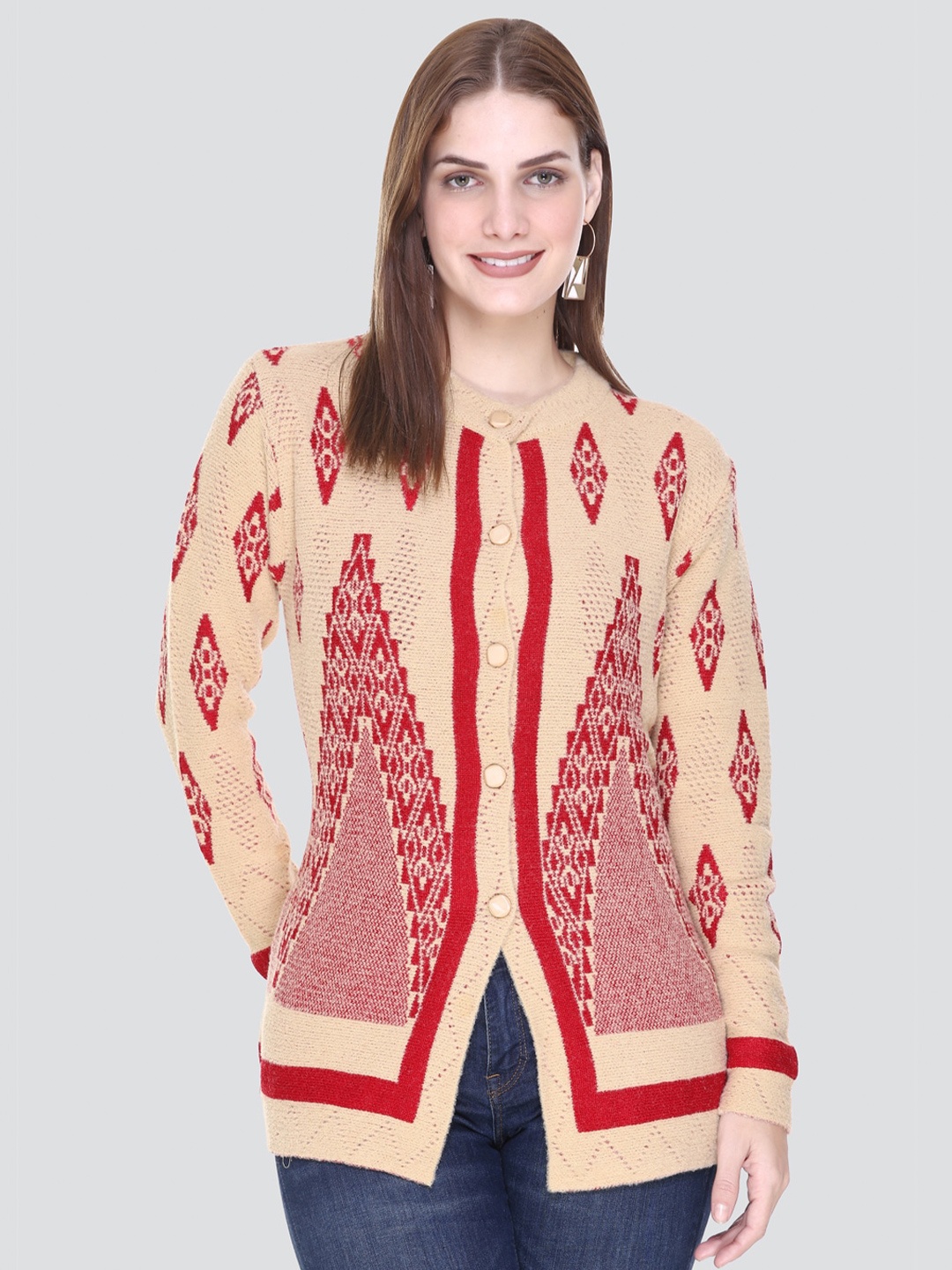 

Arshiya Women Round Neck Printed Cardigan, Beige