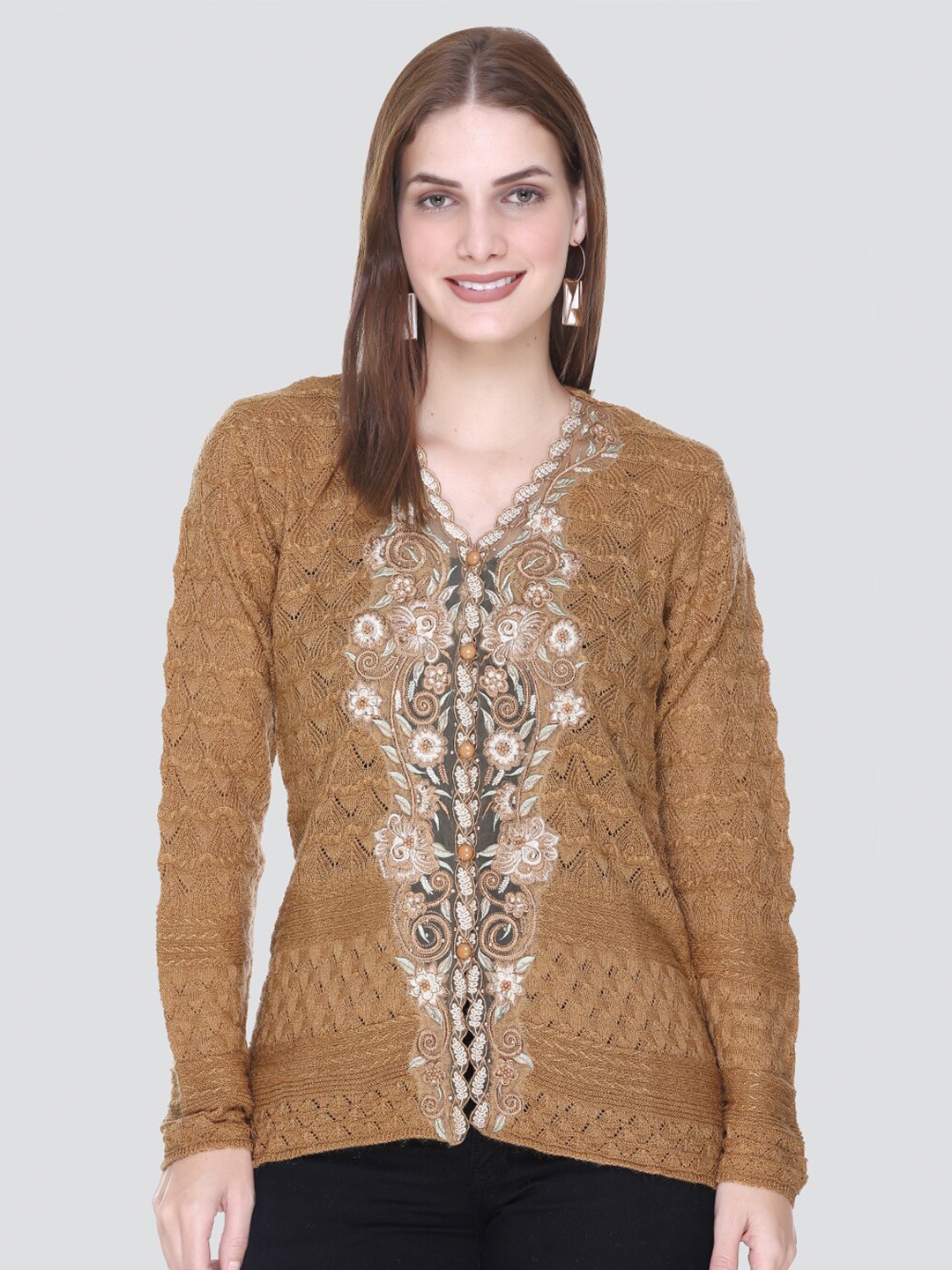 

Arshiya Women Woolen Embroidered Cardigan with Embellished Detail, Camel brown