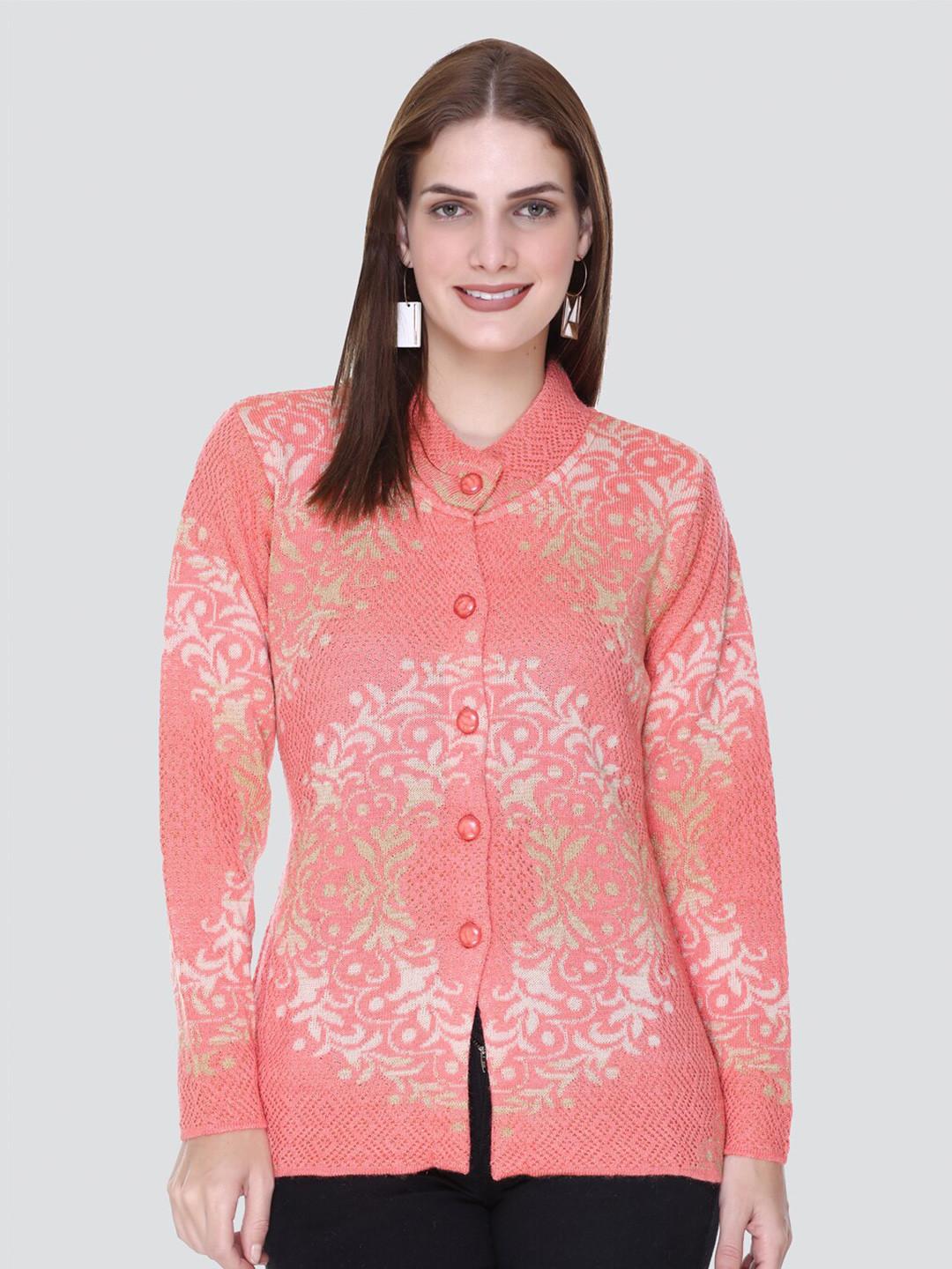 

Arshiya Women Floral Printed Woolen Cardigan, Pink