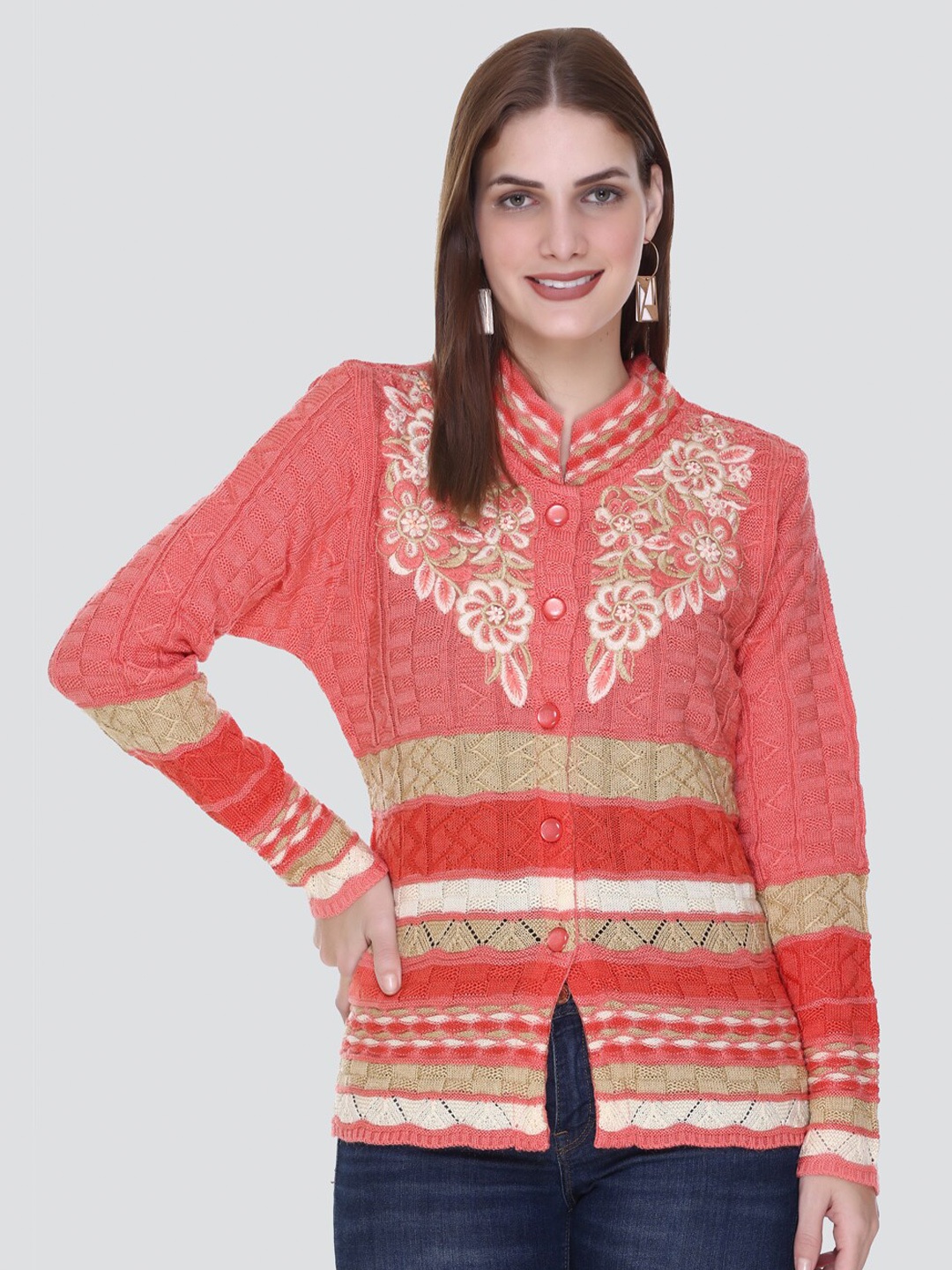 

Arshiya Women Floral Printed Woolen Cardigan, Orange