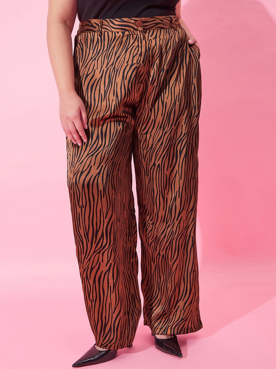 

CURVY STREET Women Animal Printed Loose Fit High-Rise Pleated Trousers, Brown