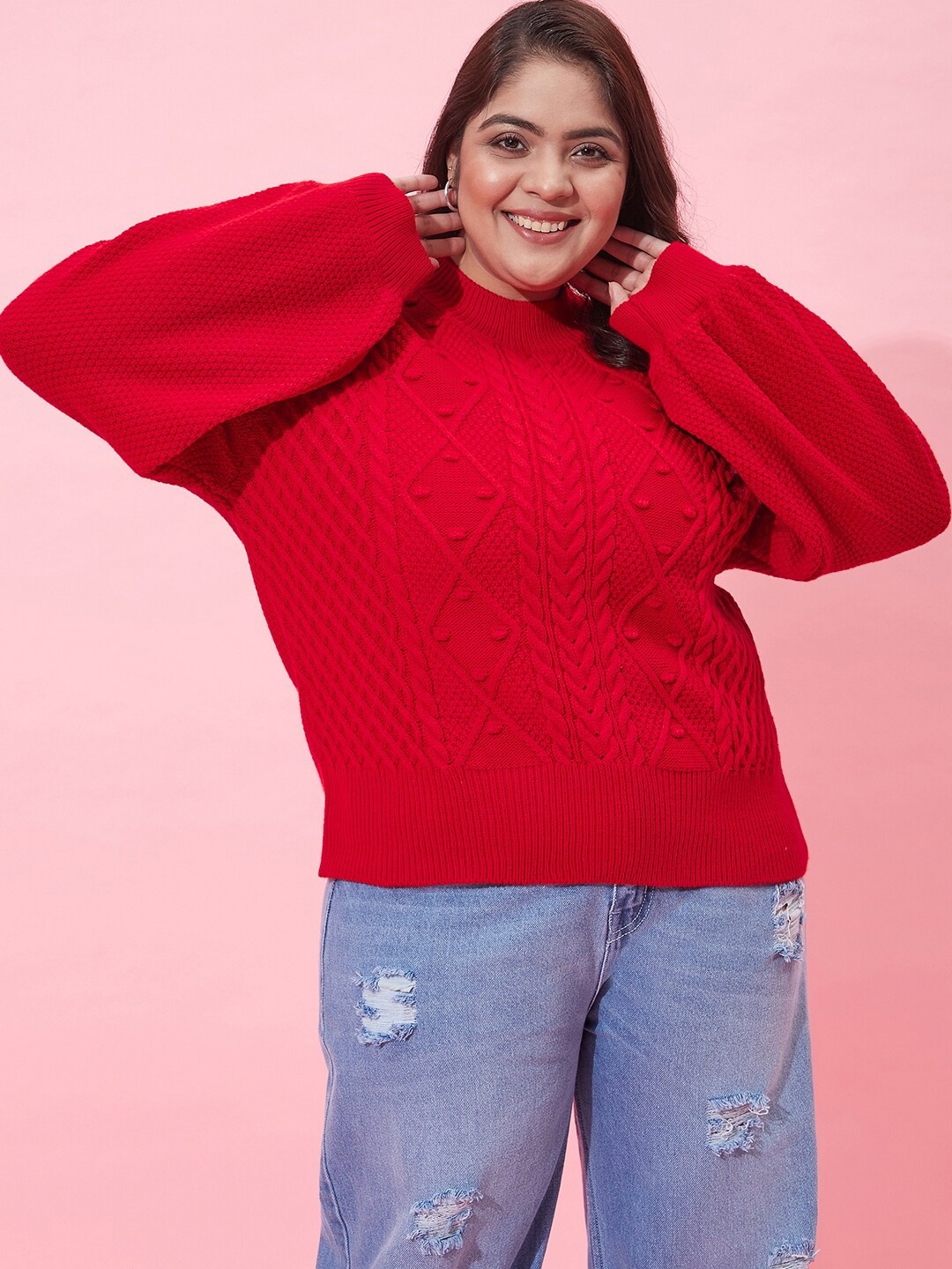 

CURVY STREET Women Plus Size Cable Knit Acrylic Pullover, Red