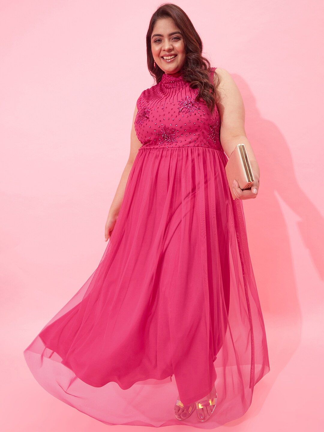 

CURVY STREET Ethnic Motifs Net Maxi Dress, Fuchsia