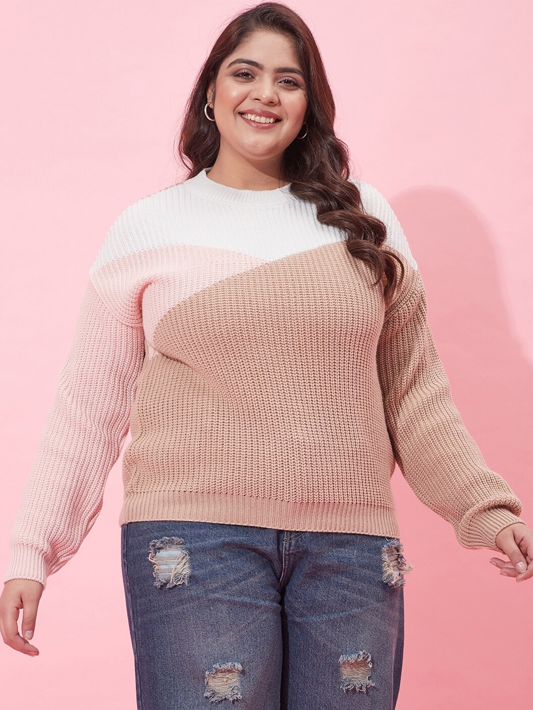 

CURVY STREET Women Plus Size Colourblocked Acrylic Pullover Sweater, Beige