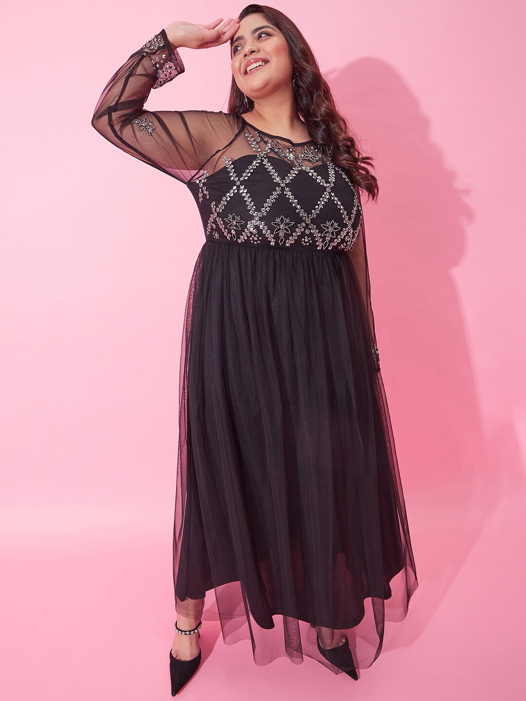 

CURVY STREET Embellished Net Maxi Dress, Black