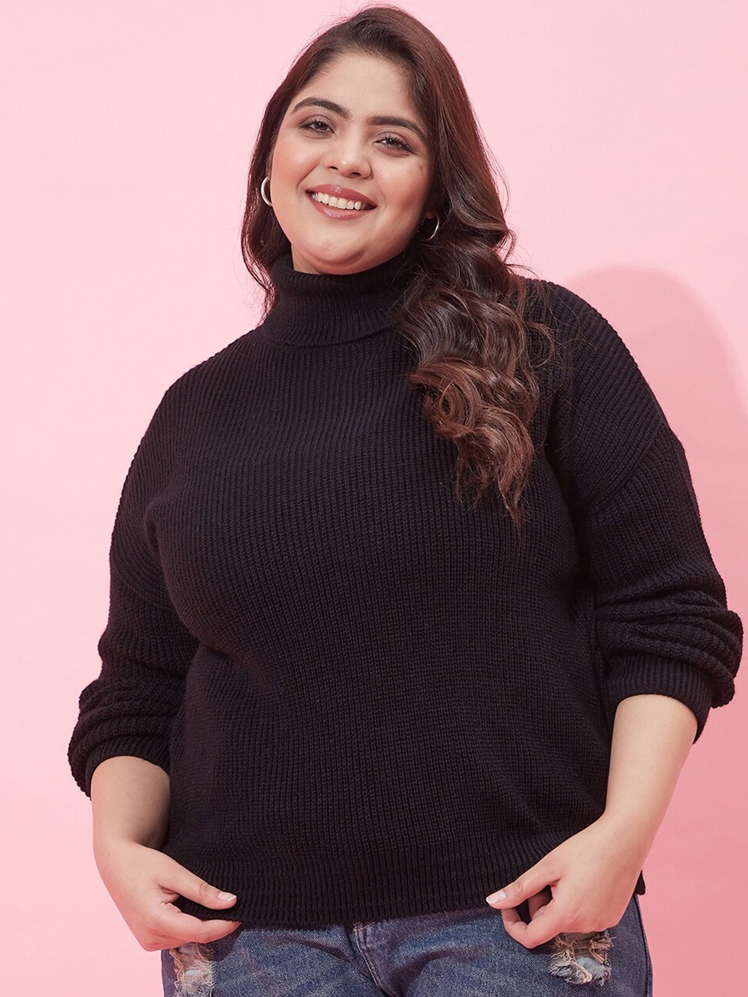 

CURVY STREET Women Plus Size Ribbed Acrylic Pullover, Black