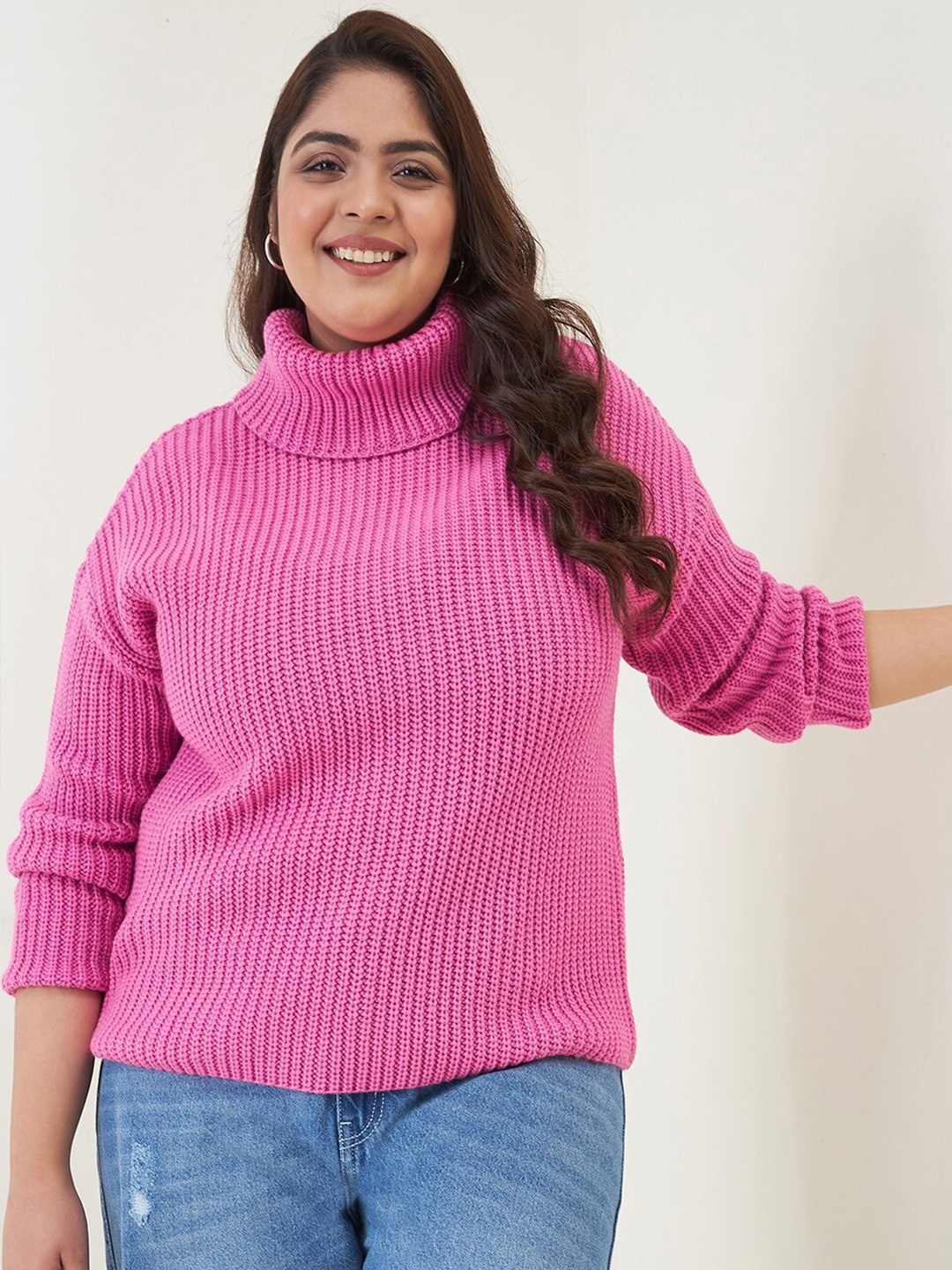 

CURVY STREET Women Plus Size Ribbed Acrylic Pullover, Pink