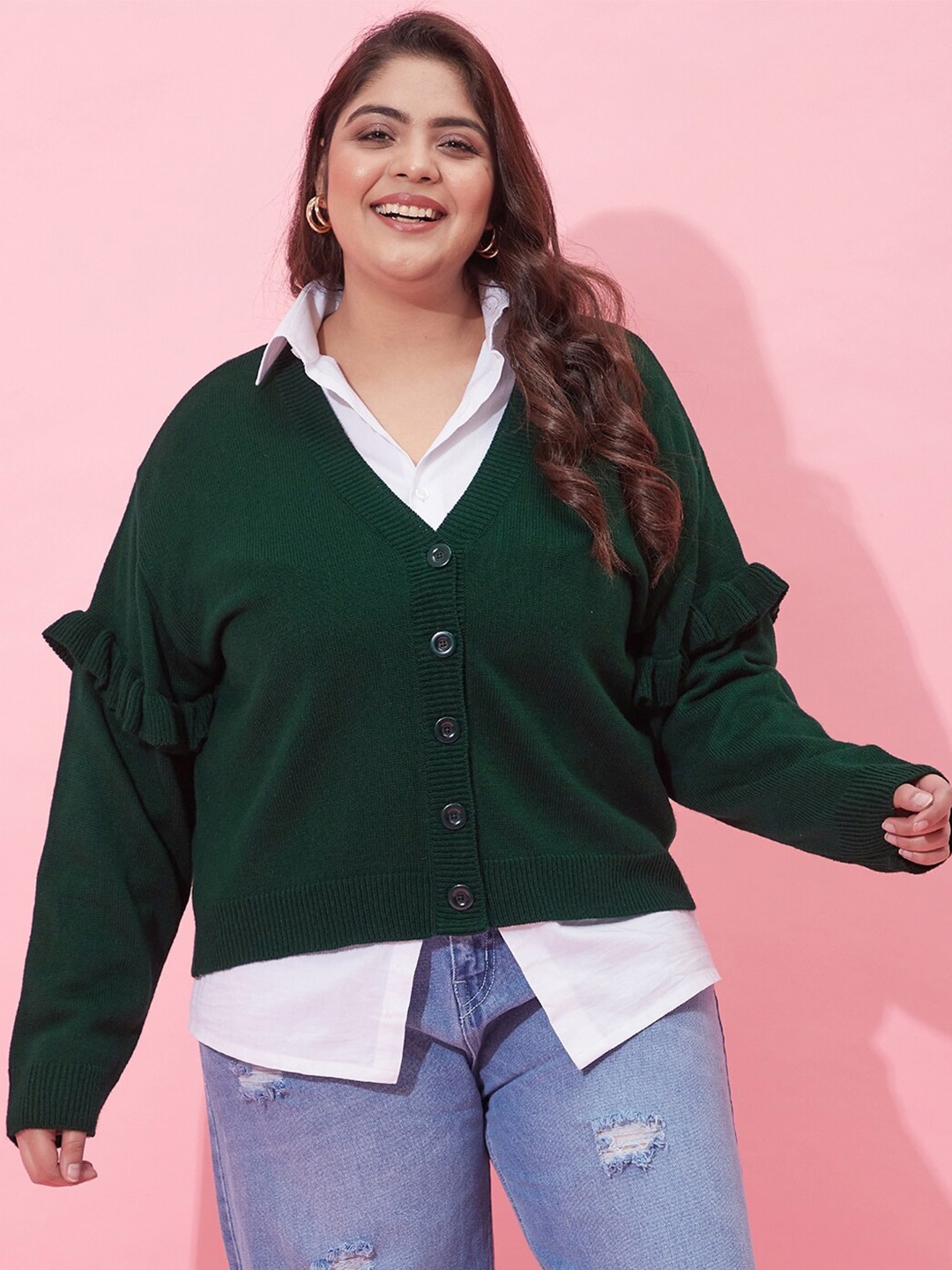 

CURVY STREET Women Plus Size Acrylic Cardigan, Green