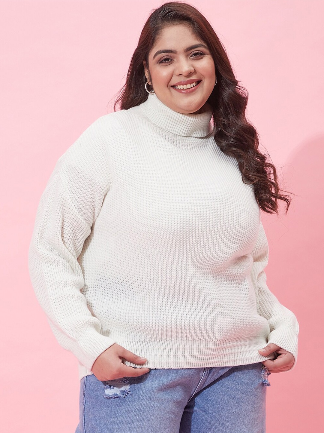 

CURVY STREET Women Plus Size Ribbed Acrylic Pullover, White