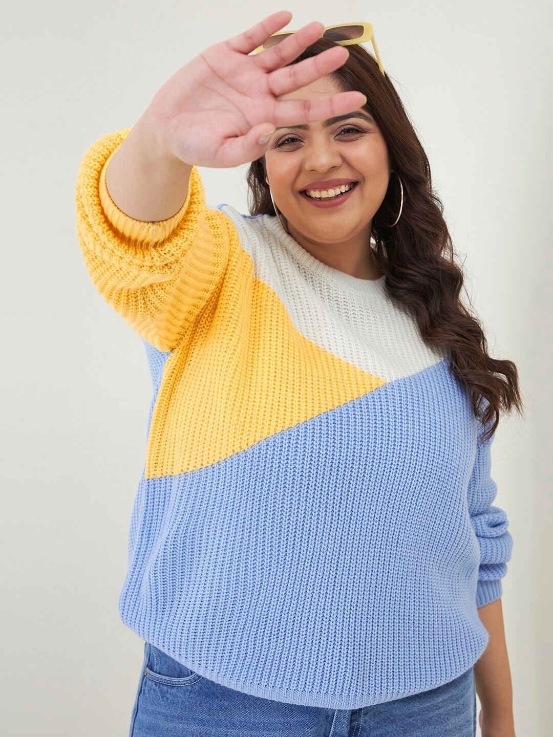 

CURVY STREET Women Plus Size Colourblocked Acrylic Pullover, Blue