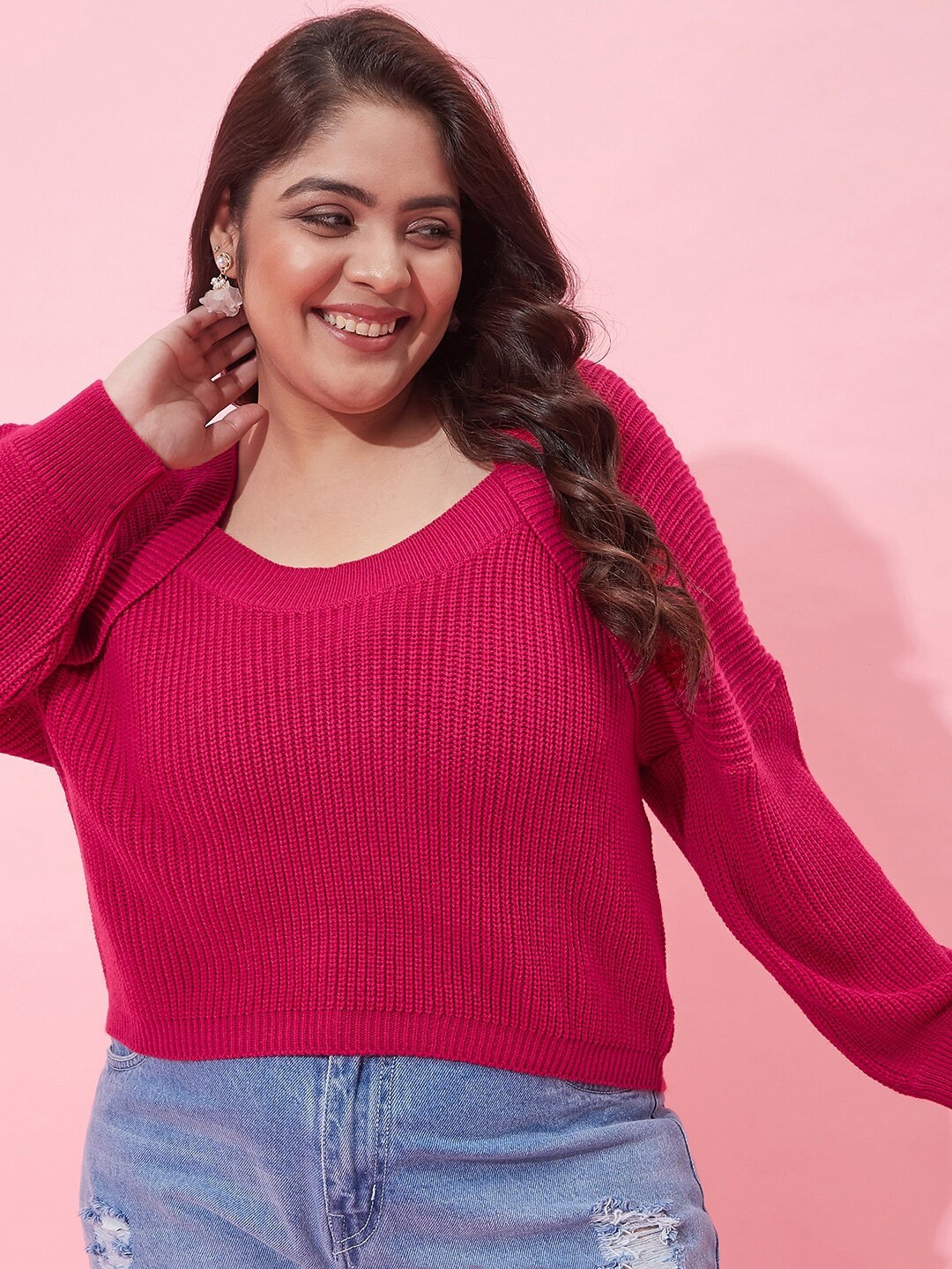 

CURVY STREET Women Plus Size Ribbed Acrylic Crop Pullover, Fuchsia