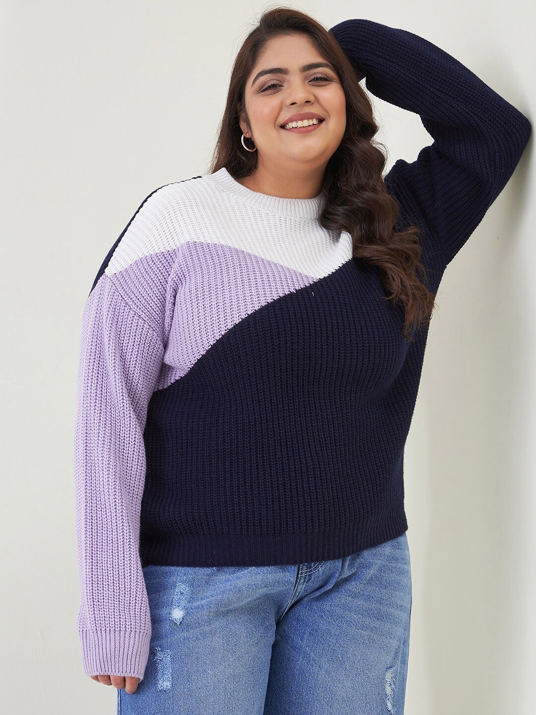 

CURVY STREET Women Plus Size Colourblocked Acrylic Pullover, Navy blue