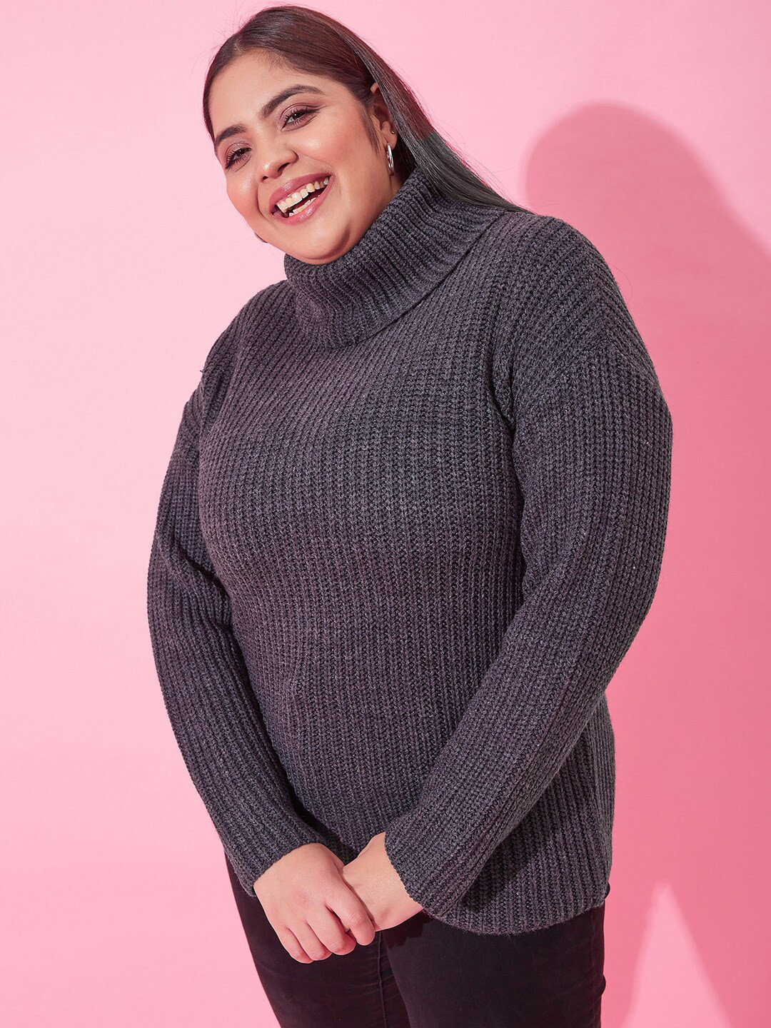 

CURVY STREET Women Plus Size Ribbed Acrylic Pullover Sweater, Grey