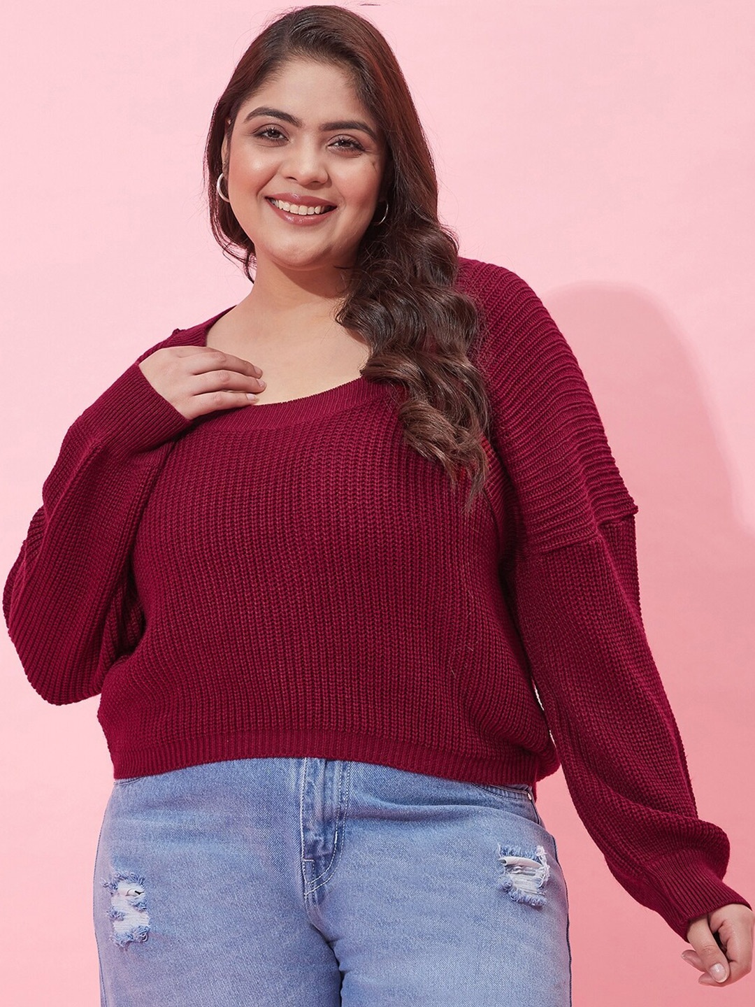 

CURVY STREET Women Plus Size Ribbed Acrylic Pullover, Burgundy