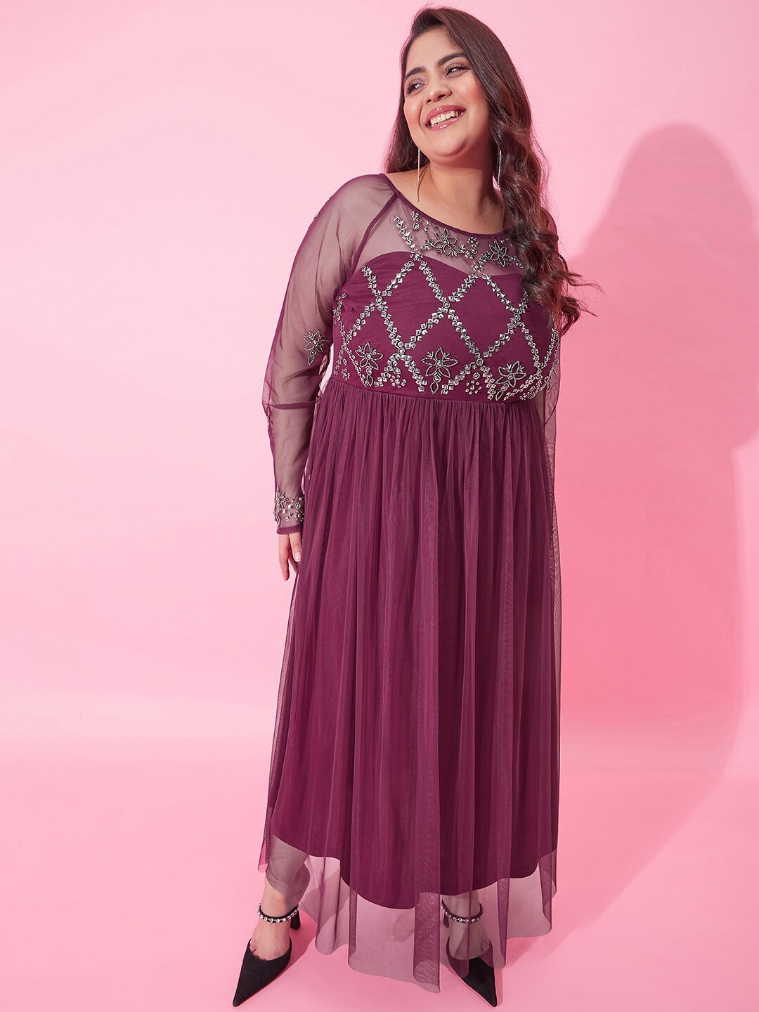 

CURVY STREET Embellished Net Maxi Dress, Burgundy