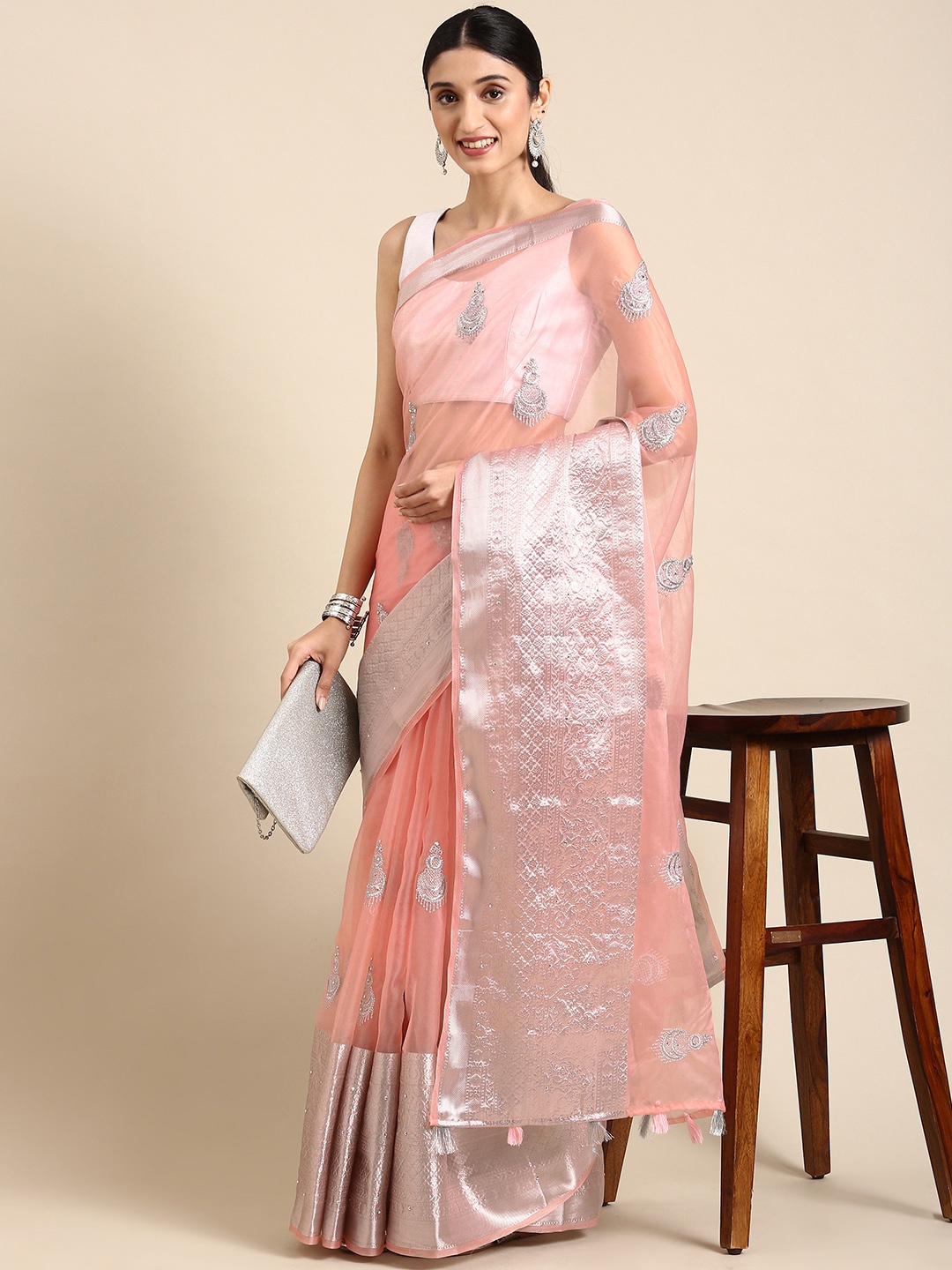 

MARGI DESIGNERS Ethnic Motifs Organza Banarasi Saree, Pink