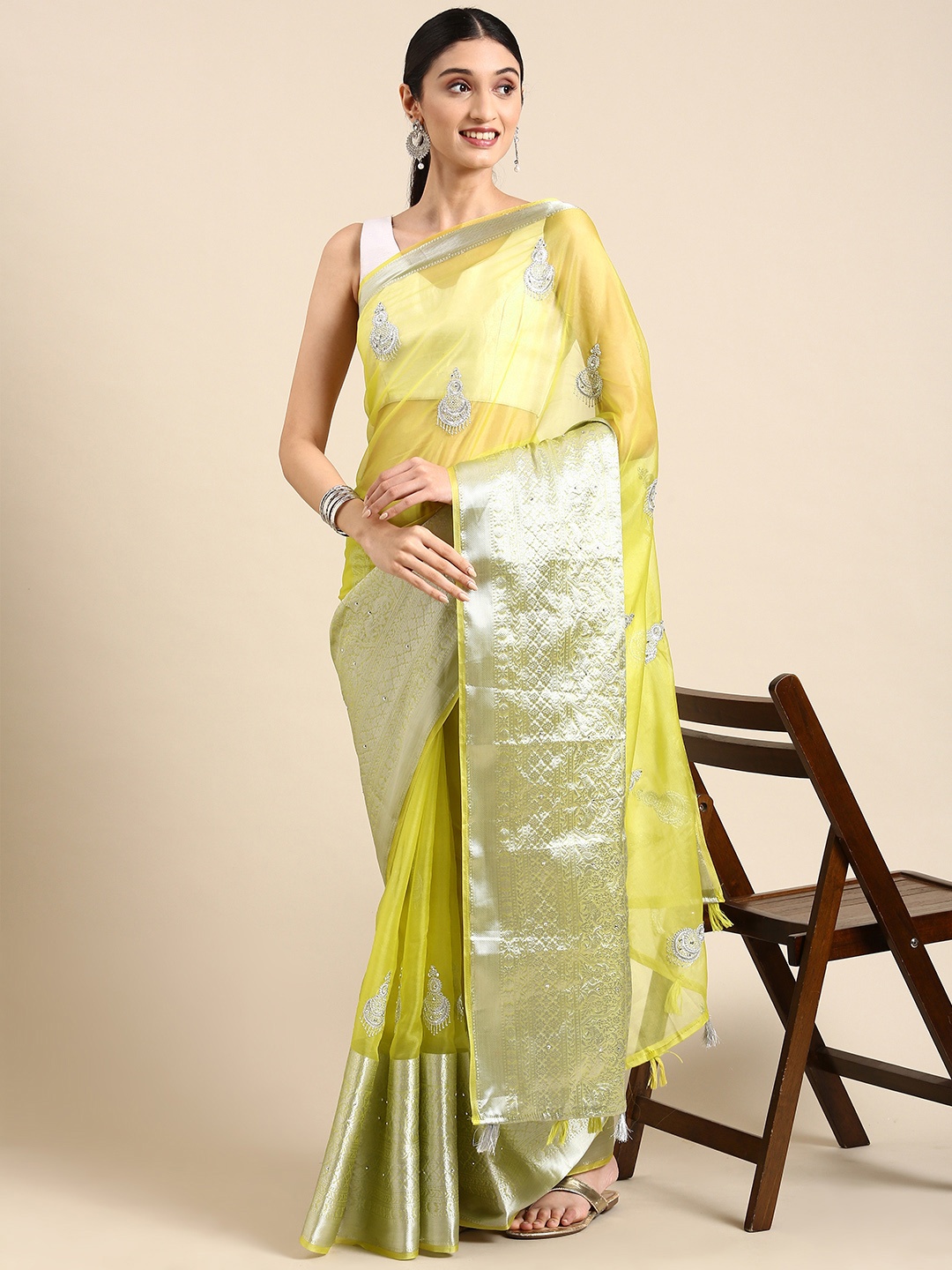 

MARGI DESIGNERS Ethnic Motifs Organza Banarasi Saree, Green
