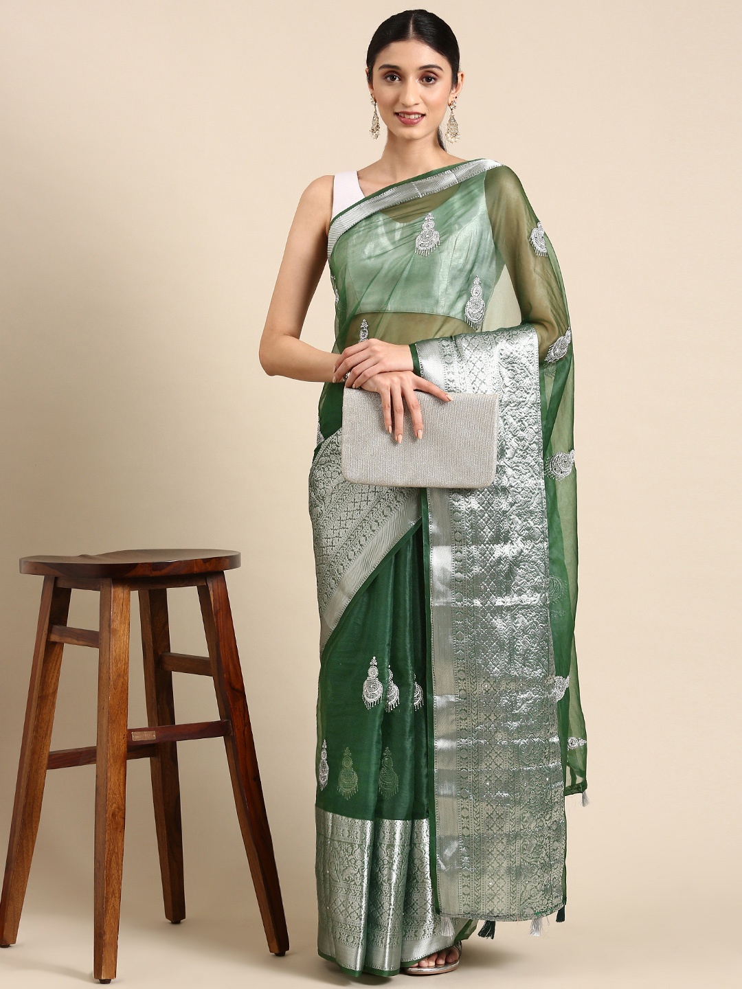 

MARGI DESIGNERS Ethnic Motifs Organza Banarasi Saree, Green