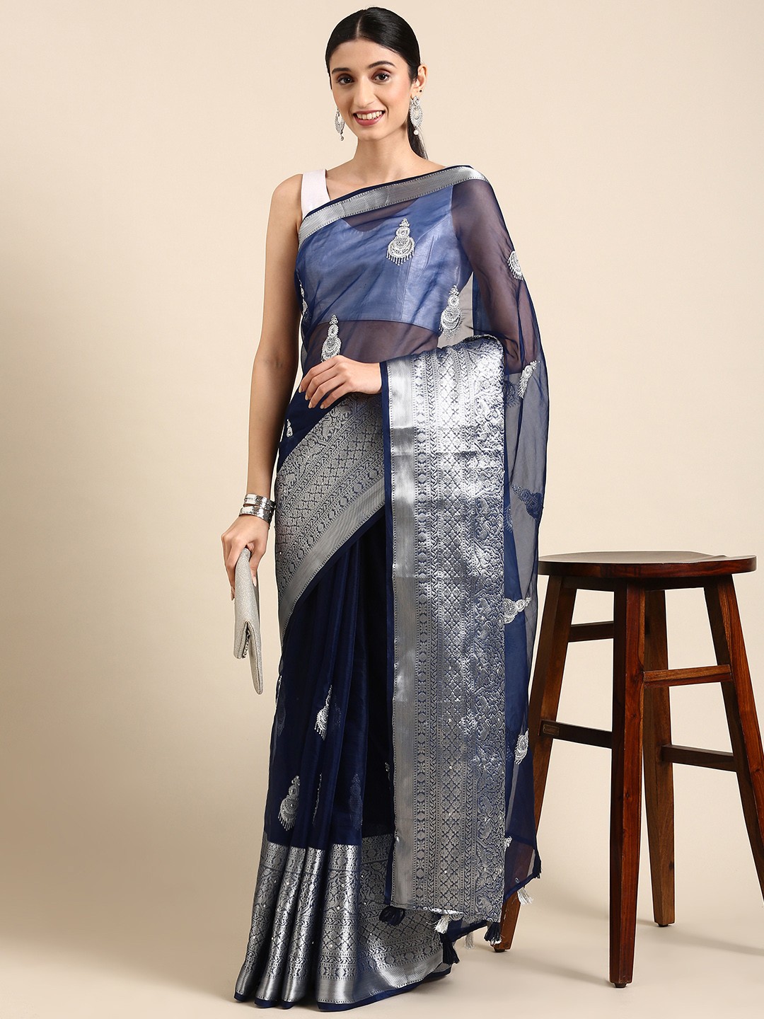 

MARGI DESIGNERS Ethnic Motifs Organza Banarasi Saree, Navy blue