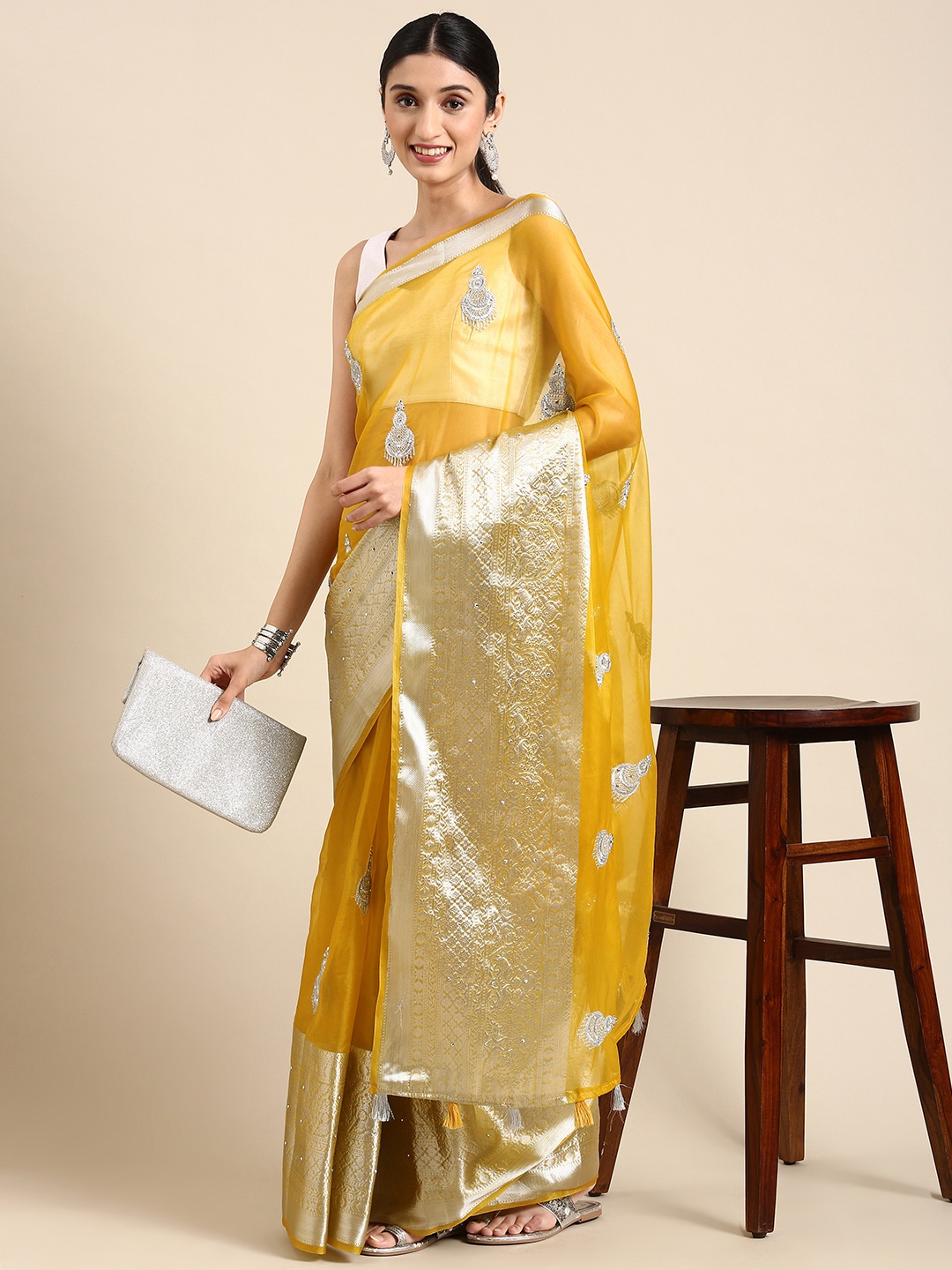 

MARGI DESIGNERS Ethnic Motifs Organza Banarasi Saree, Yellow