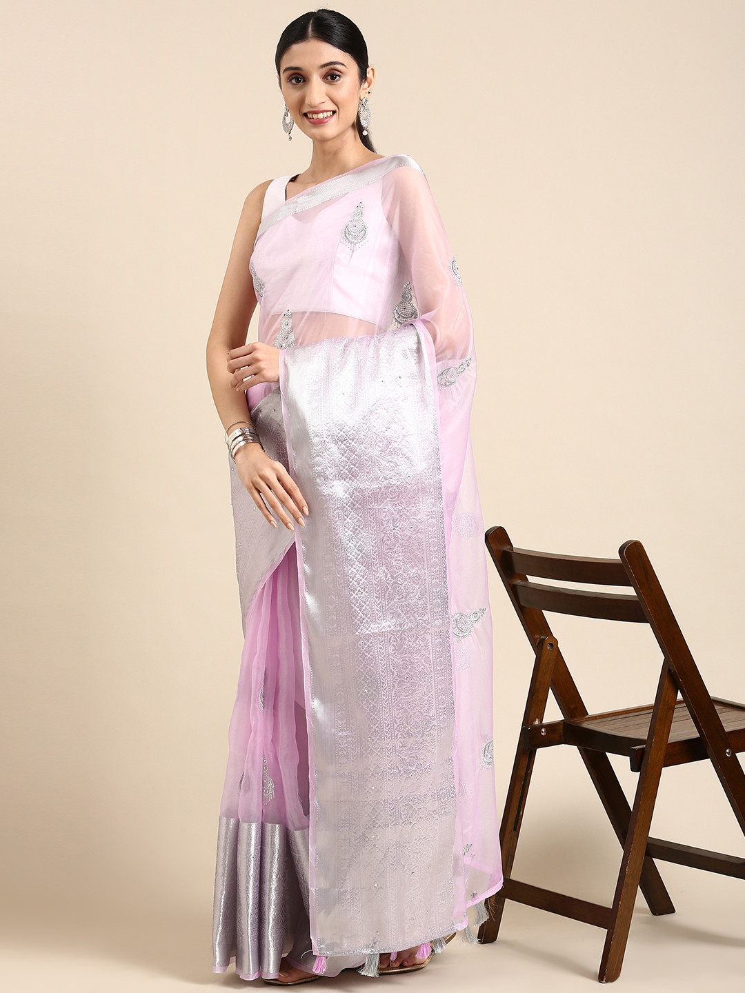 

MARGI DESIGNERS Ethnic Motifs Organza Banarasi Saree, Lavender