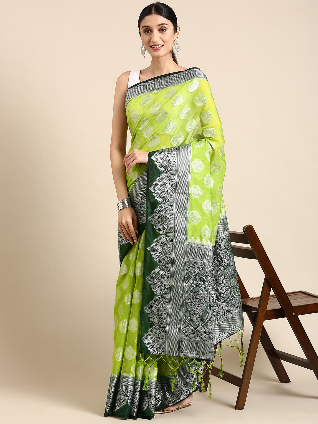 

MARGI DESIGNERS Woven Design Zari Organza Banarasi Saree, Green