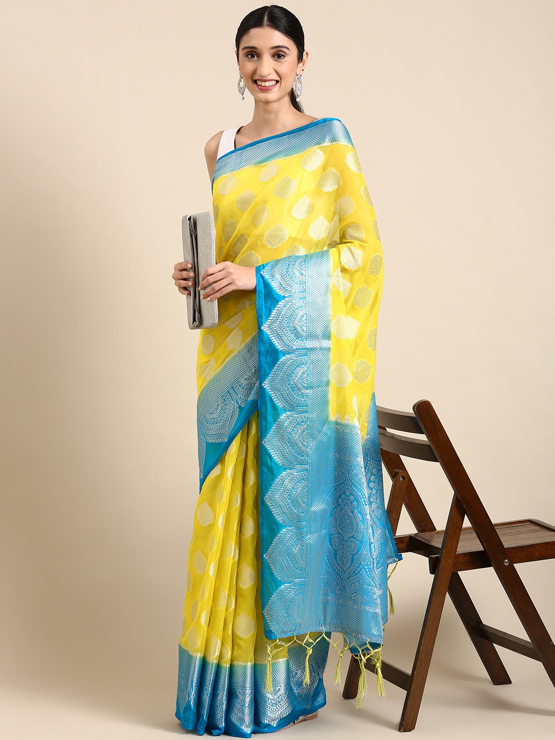 

MARGI DESIGNERS Woven Design Zari Organza Banarasi Saree, Yellow