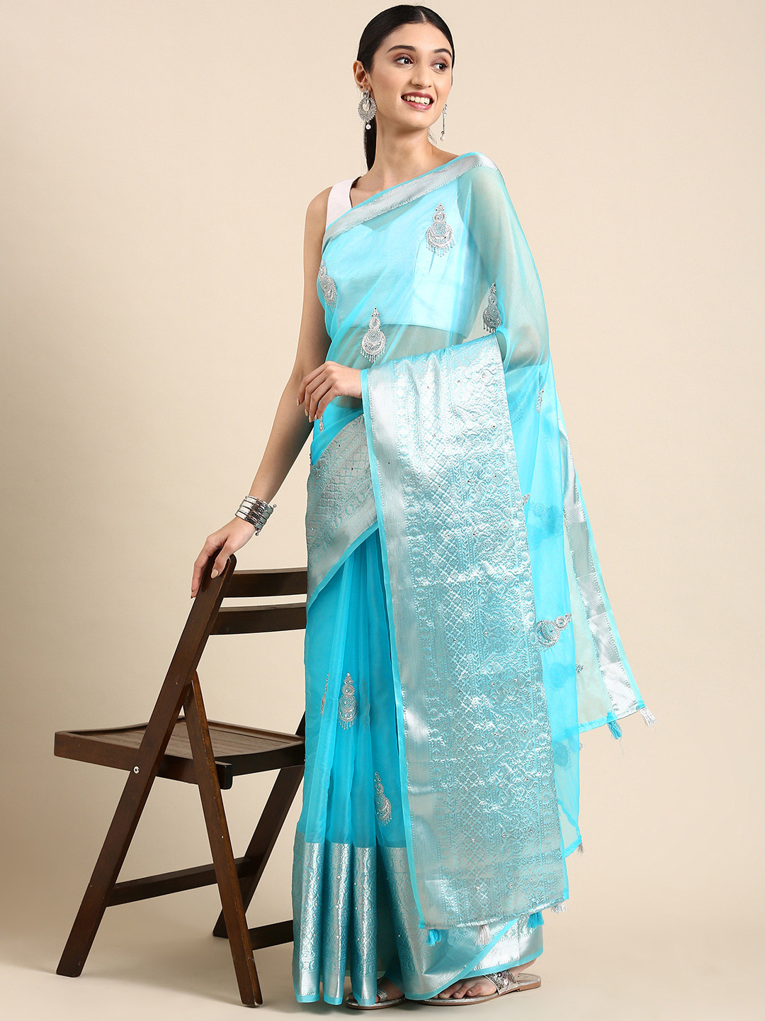 

MARGI DESIGNERS Ethnic Motifs Organza Banarasi Saree, Turquoise blue