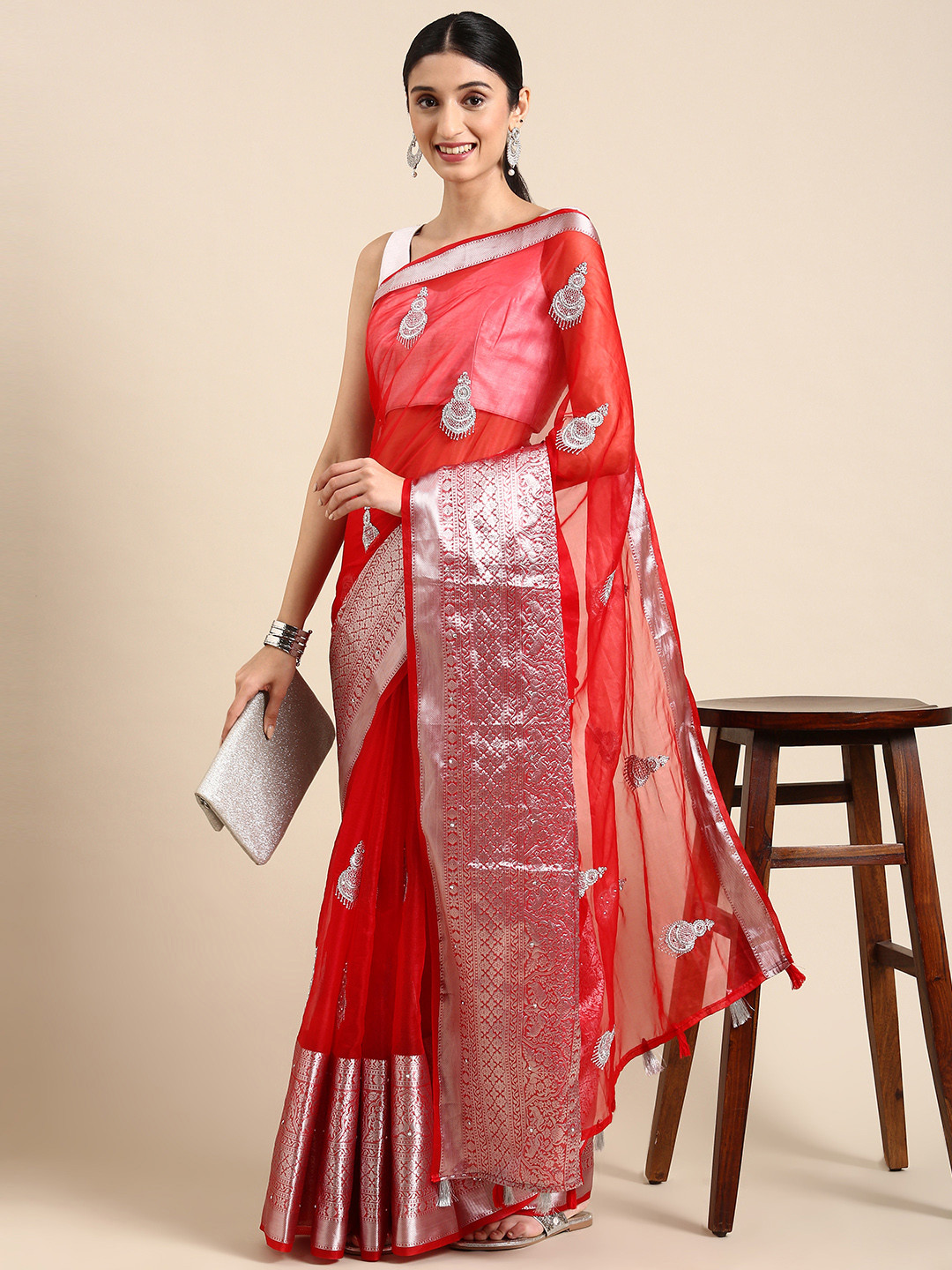 

MARGI DESIGNERS Ethnic Motifs Organza Banarasi Saree, Red