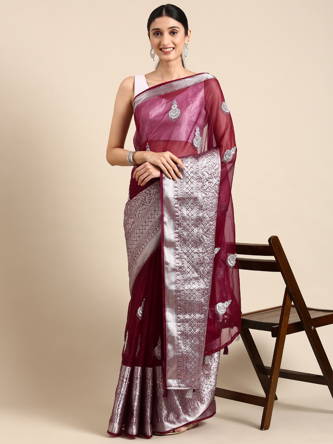 

MARGI DESIGNERS Ethnic Motifs Embroidered Organza Banarasi Saree, Purple