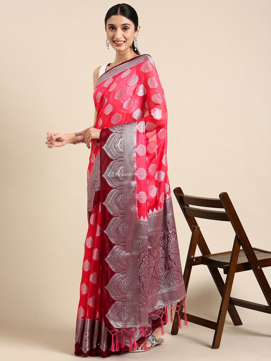 

MARGI DESIGNERS Woven Design Organza Banarasi Saree, Red