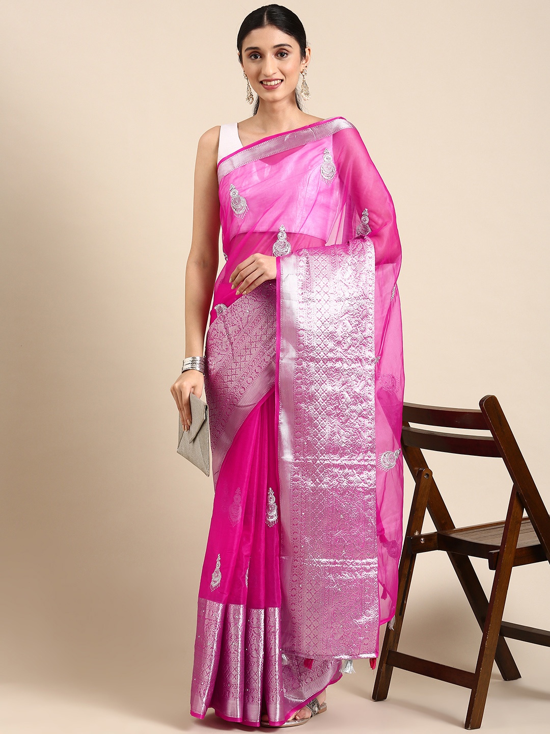 

MARGI DESIGNERS Ethnic Motifs Organza Banarasi Saree, Pink
