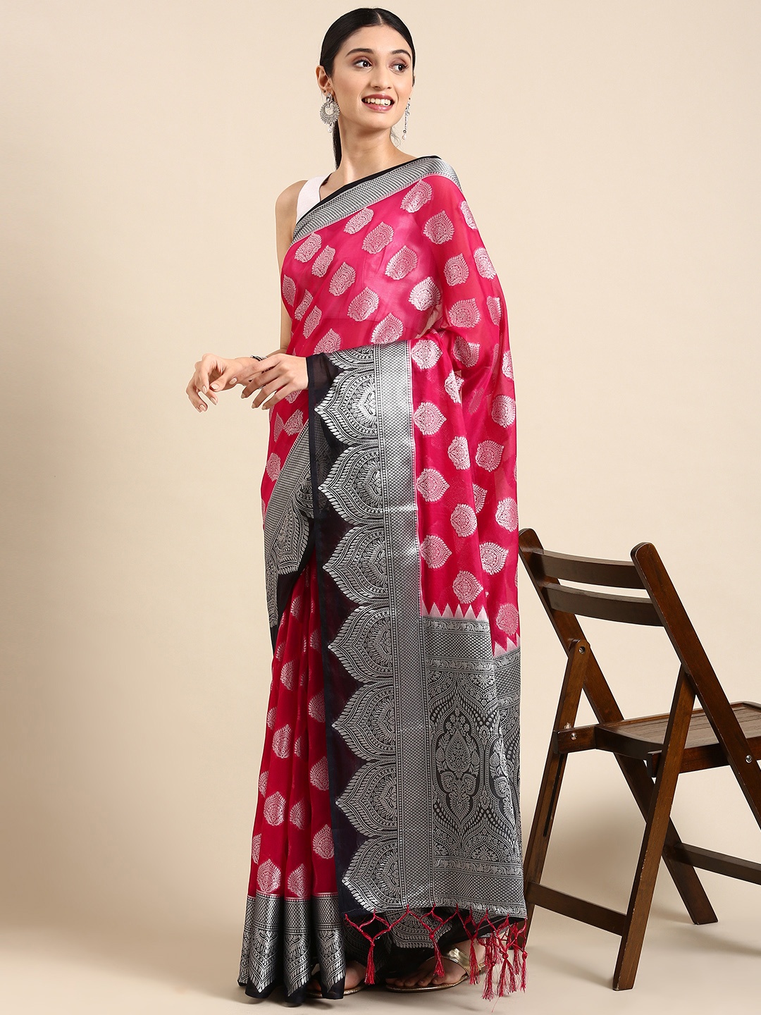 

MARGI DESIGNERS Woven Design Zari Organza Banarasi Saree, Pink