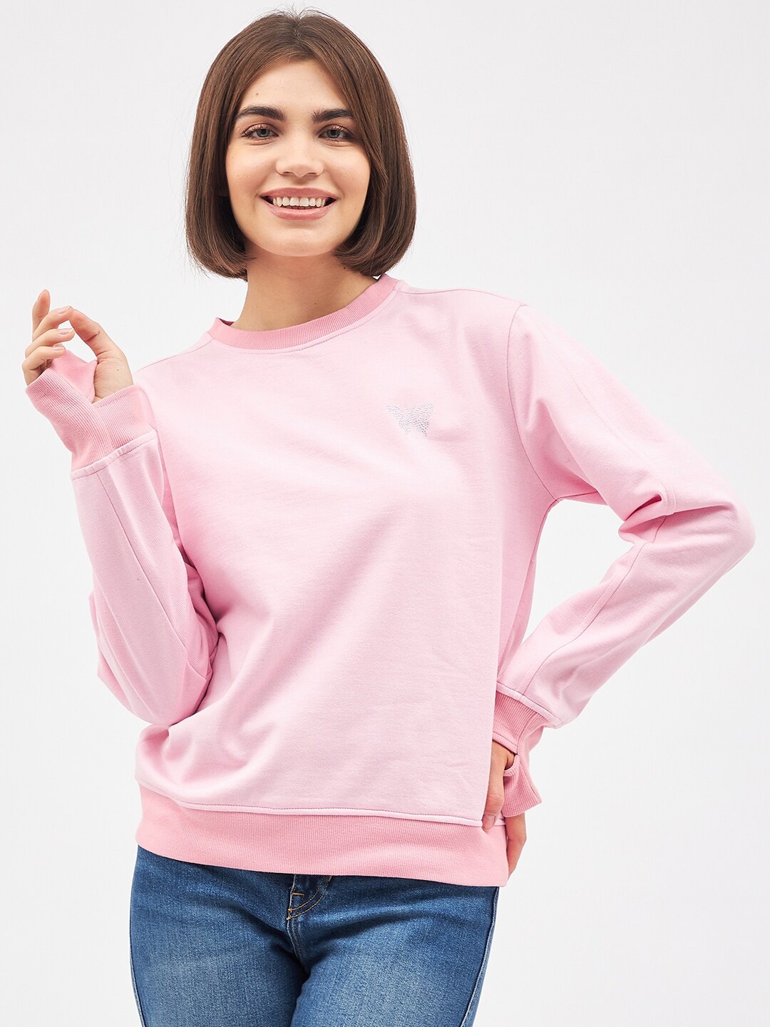

Kibo Women Round Neck Fleece Pullover Sweatshirt, Pink