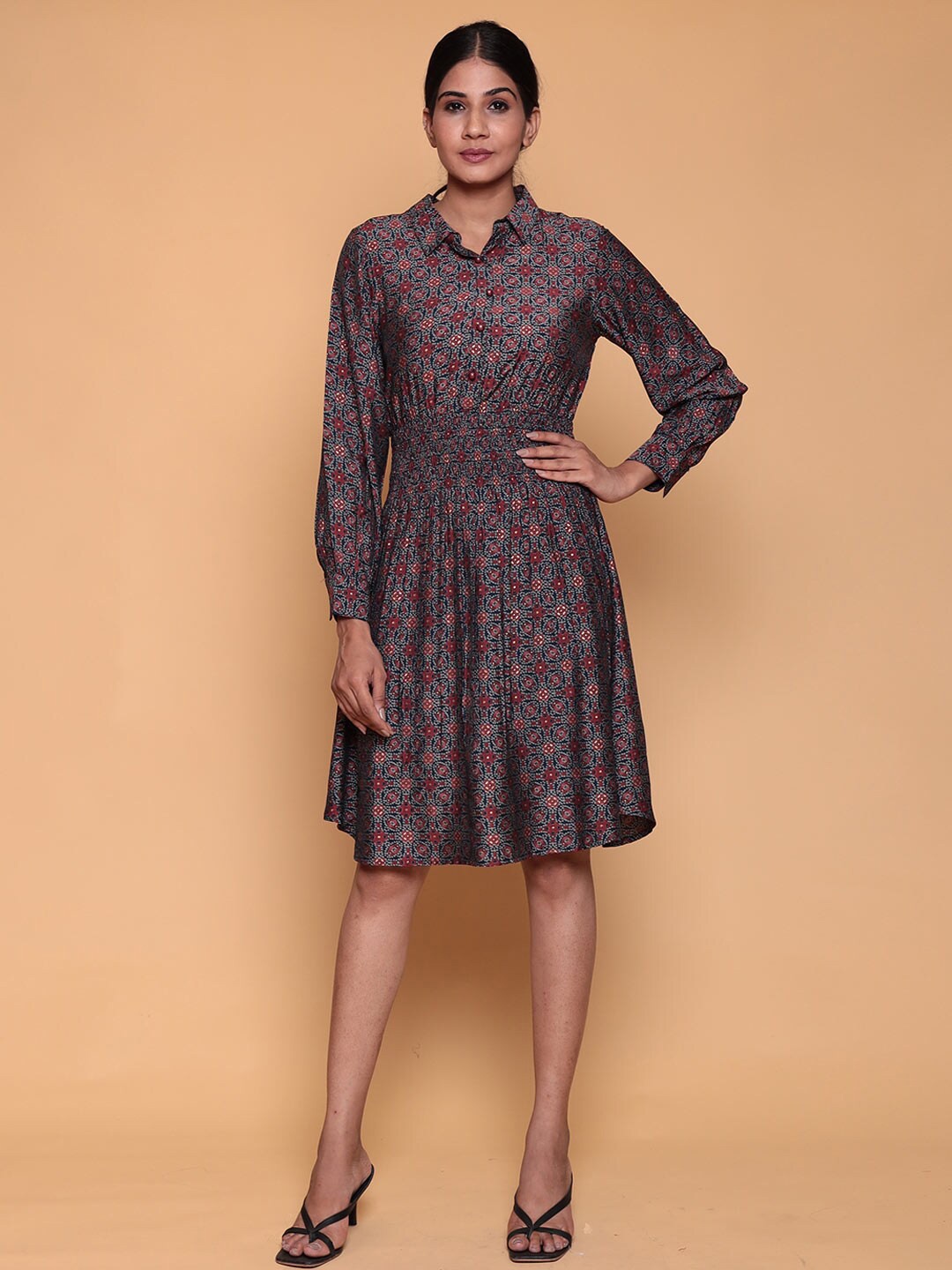 

ZARI Ethnic Motifs Printed Shirt Collar Dress, Blue