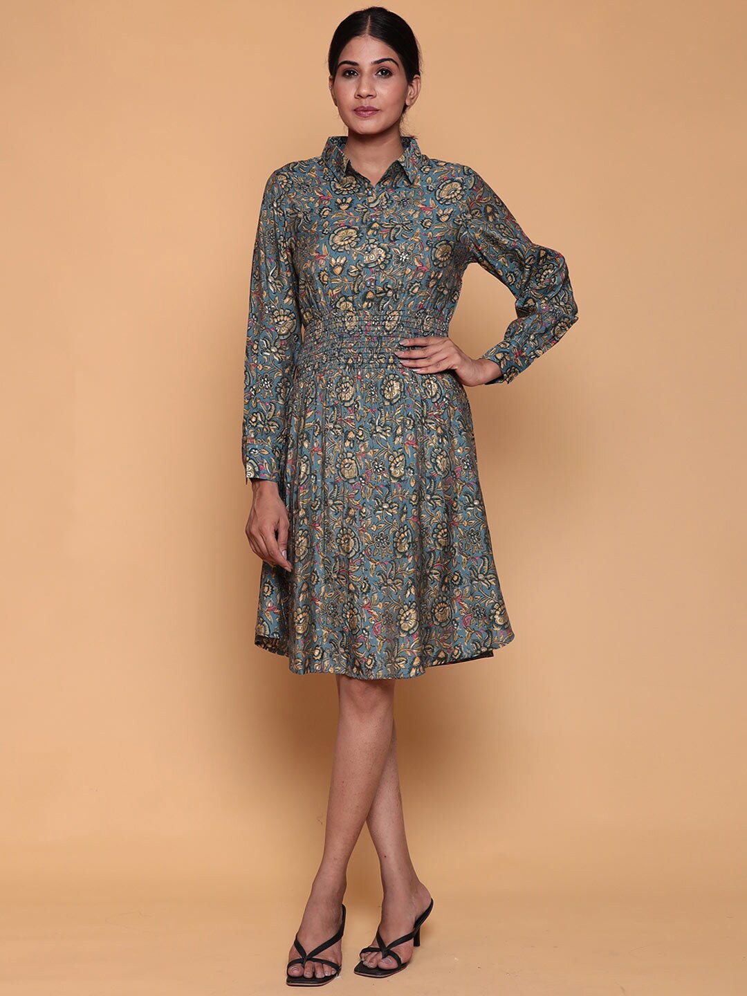 

ZARI Cotton Floral Printed Fit & Flare Dress, Grey
