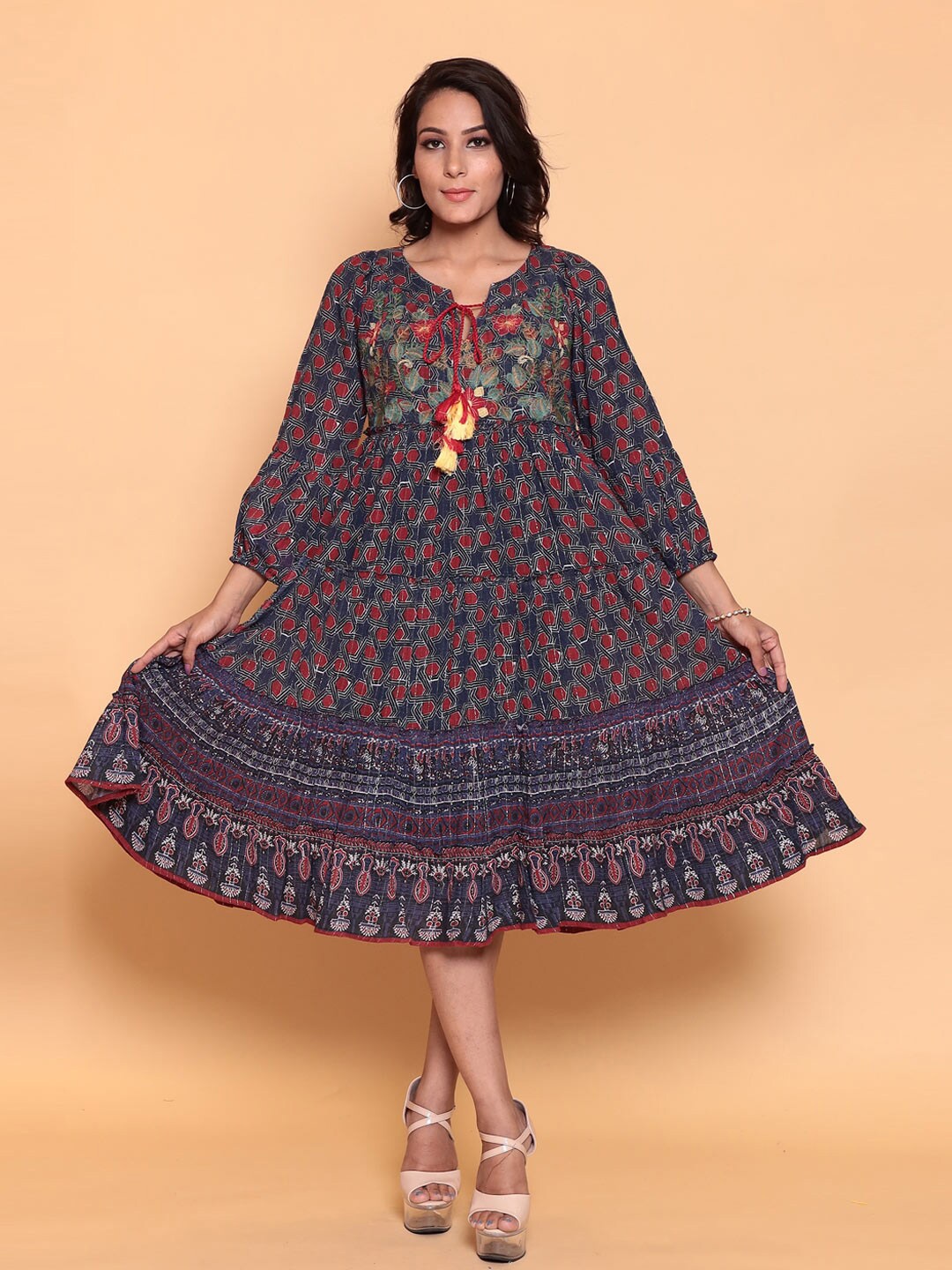 

ZARI Ethnic Motifs Tie-Up Neck Linen Maxi Dress, Blue