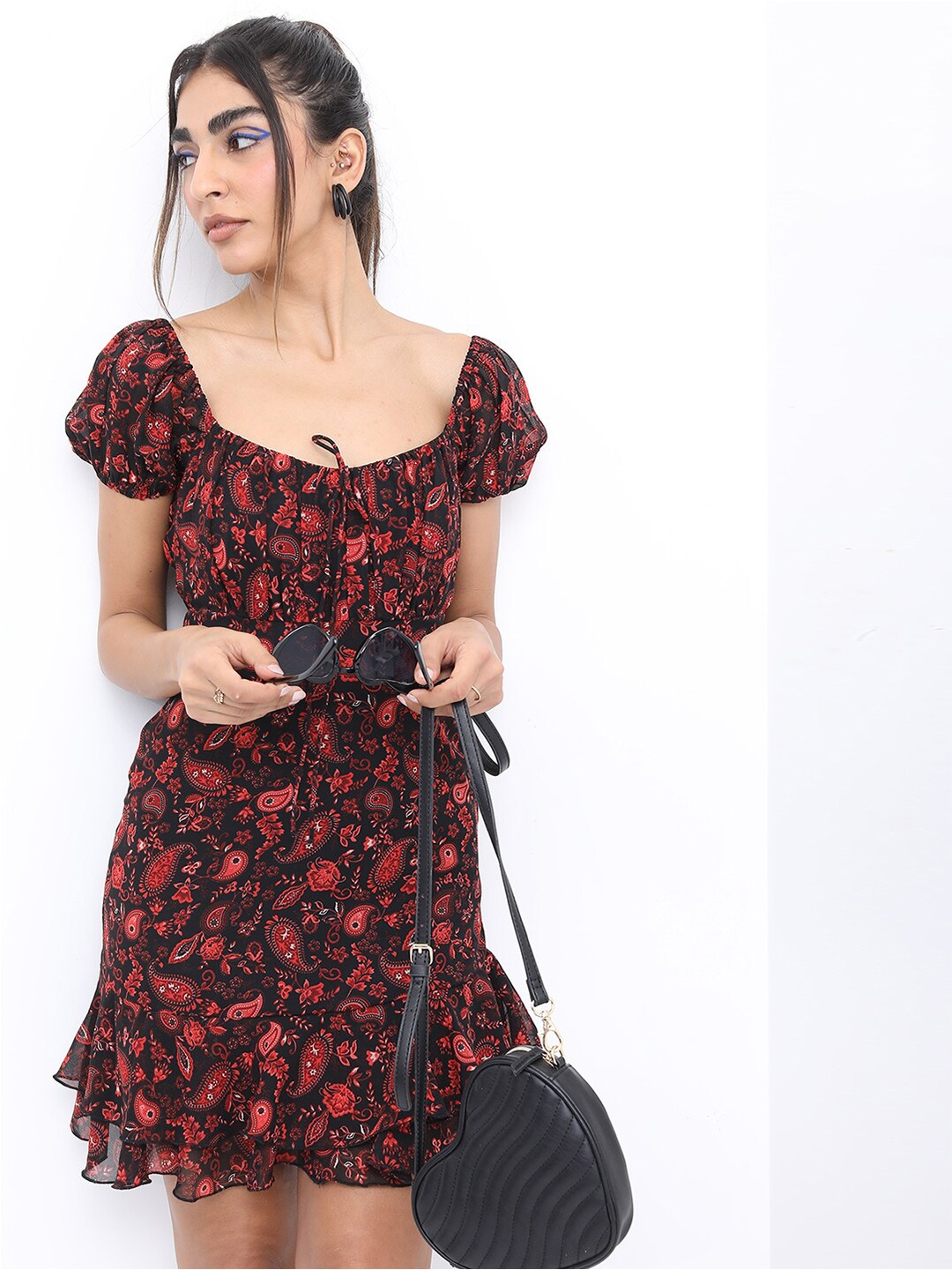 

Tokyo Talkies Ethnic Motifs Printed Tie-Up Neck Dress, Black