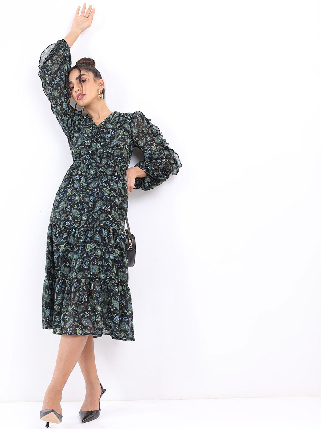 

Tokyo Talkies Floral Printed A-Line Midi Dress, Green