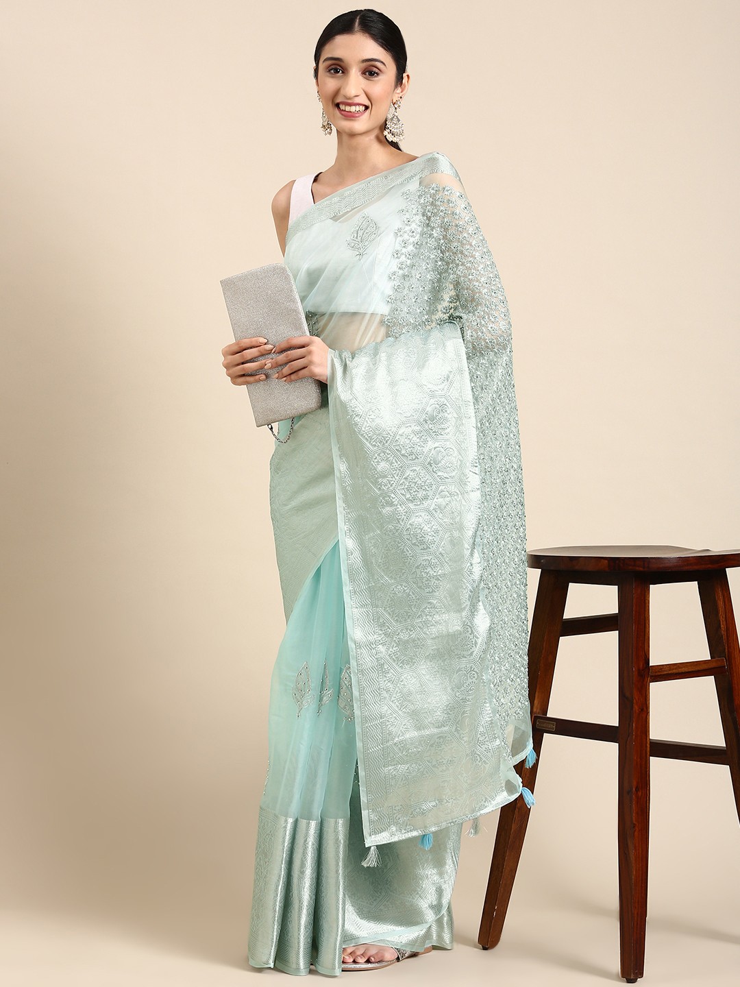 

MARGI DESIGNERS Ethnic Motifs Organza Banarasi Saree, Blue