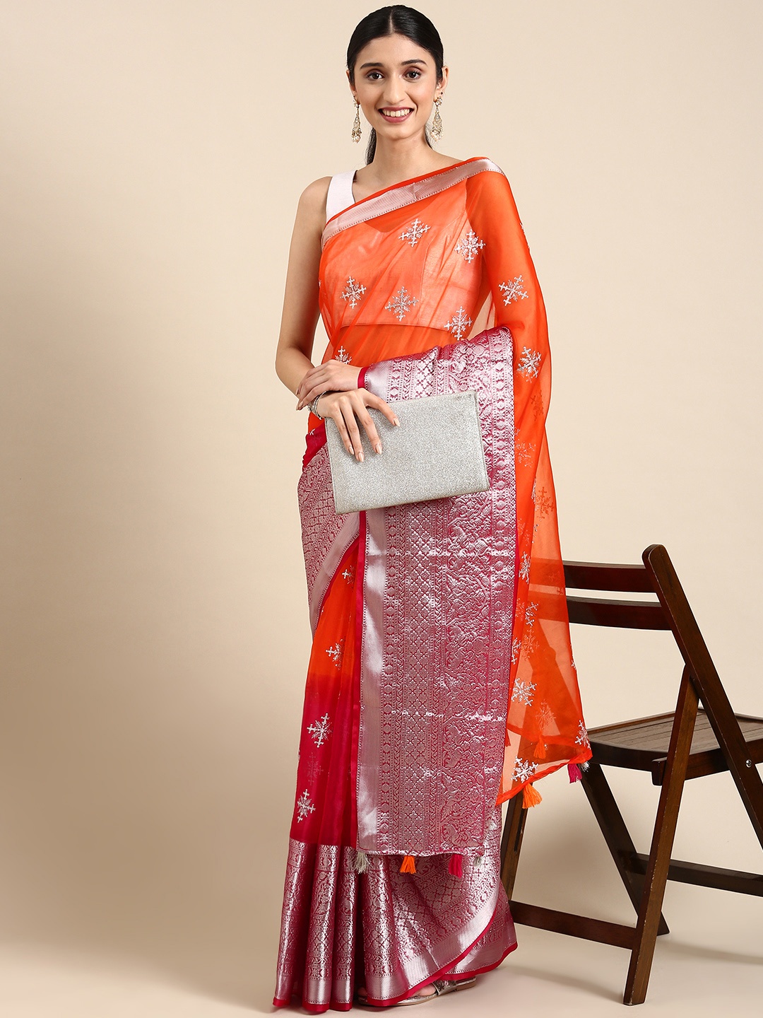 

MARGI DESIGNERS Ethnic Motifs Organza Banarasi Saree, Orange
