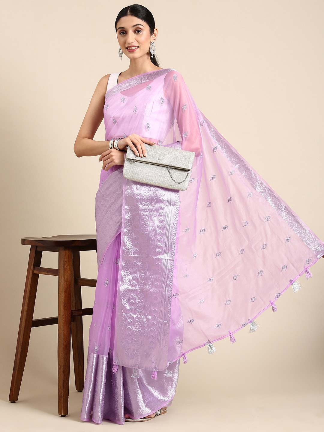 

MARGI DESIGNERS Ethnic Motifs Embroidered Organza Banarasi Saree, Lavender