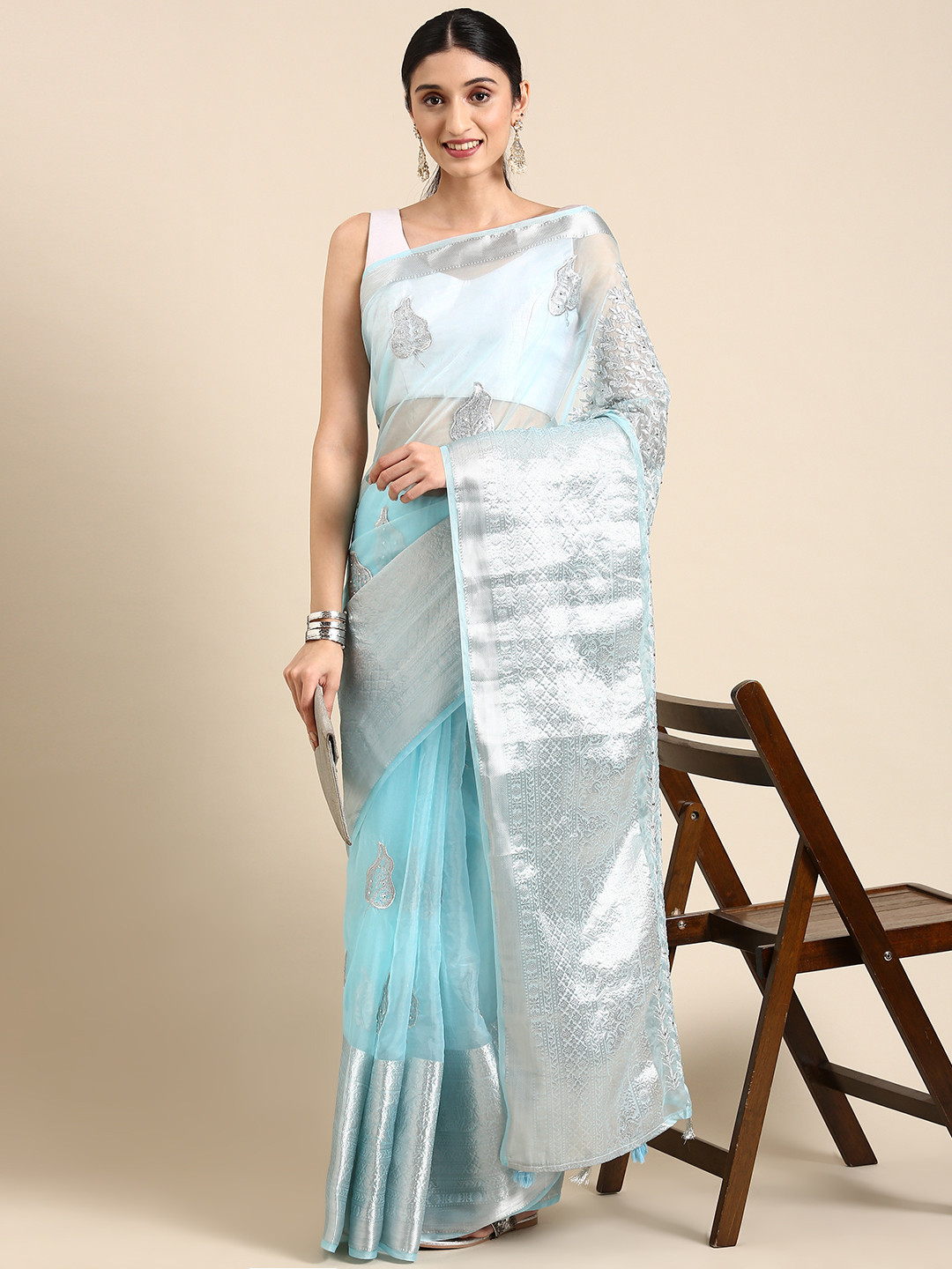 

MARGI DESIGNERS Ethnic Motifs Embroidered Organza Banarasi Saree, Blue