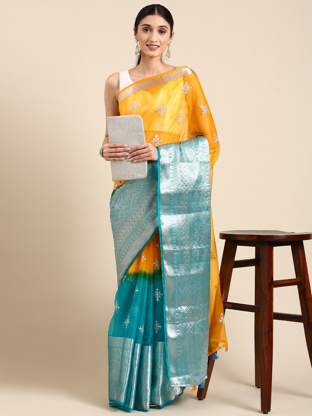 

MARGI DESIGNERS Ethnic Motifs Embroidered Organza Banarasi Saree, Turquoise blue