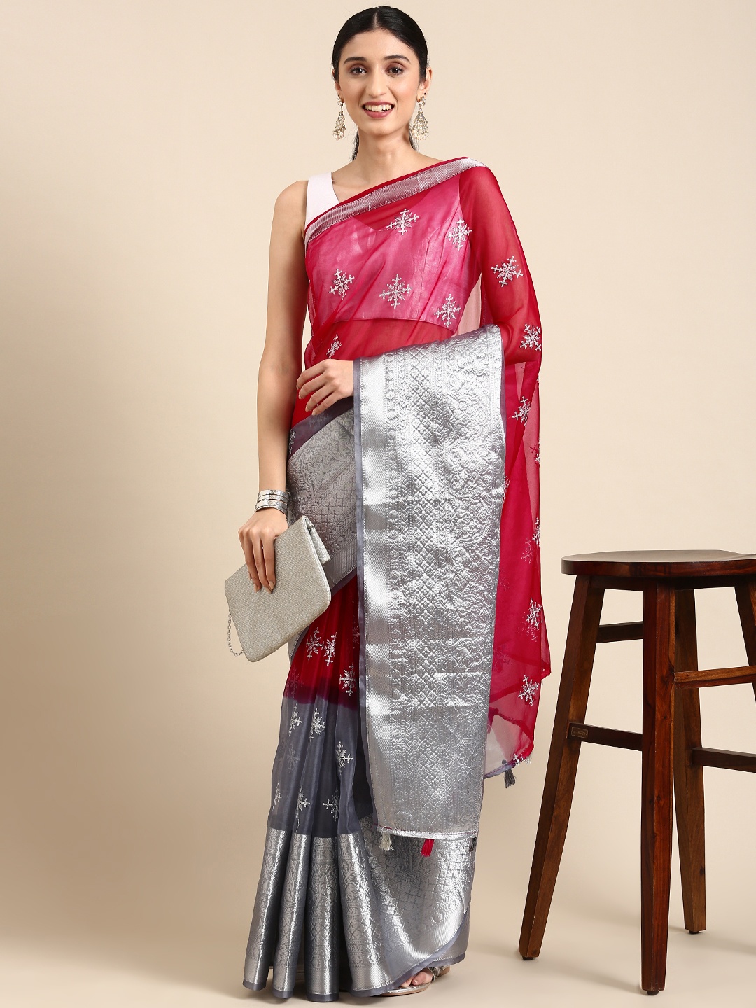 

MARGI DESIGNERS Ethnic Motifs Organza Banarasi Saree, Magenta