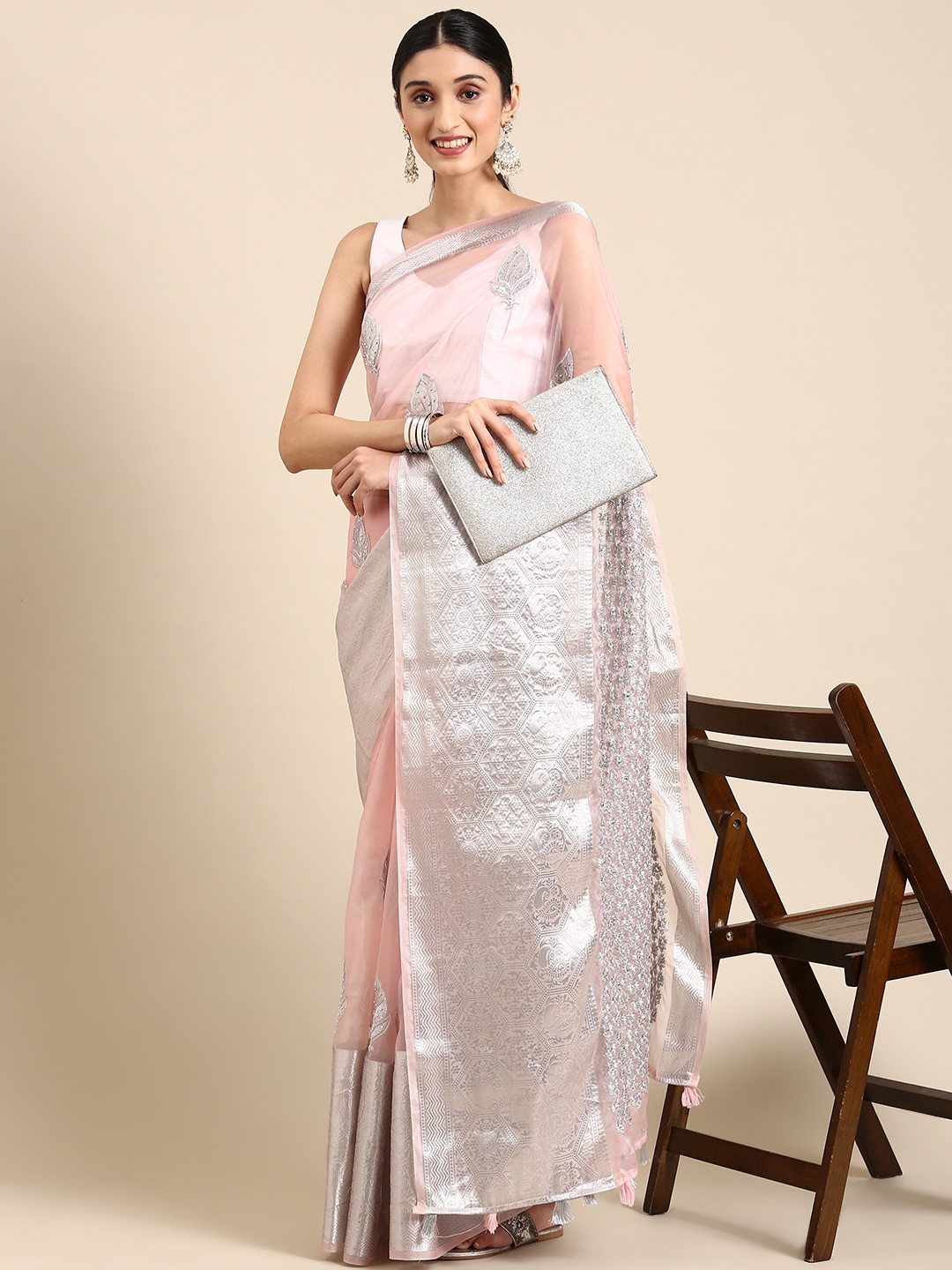 

MARGI DESIGNERS Ethnic Motifs Embroidered Organza Banarasi Saree, Pink